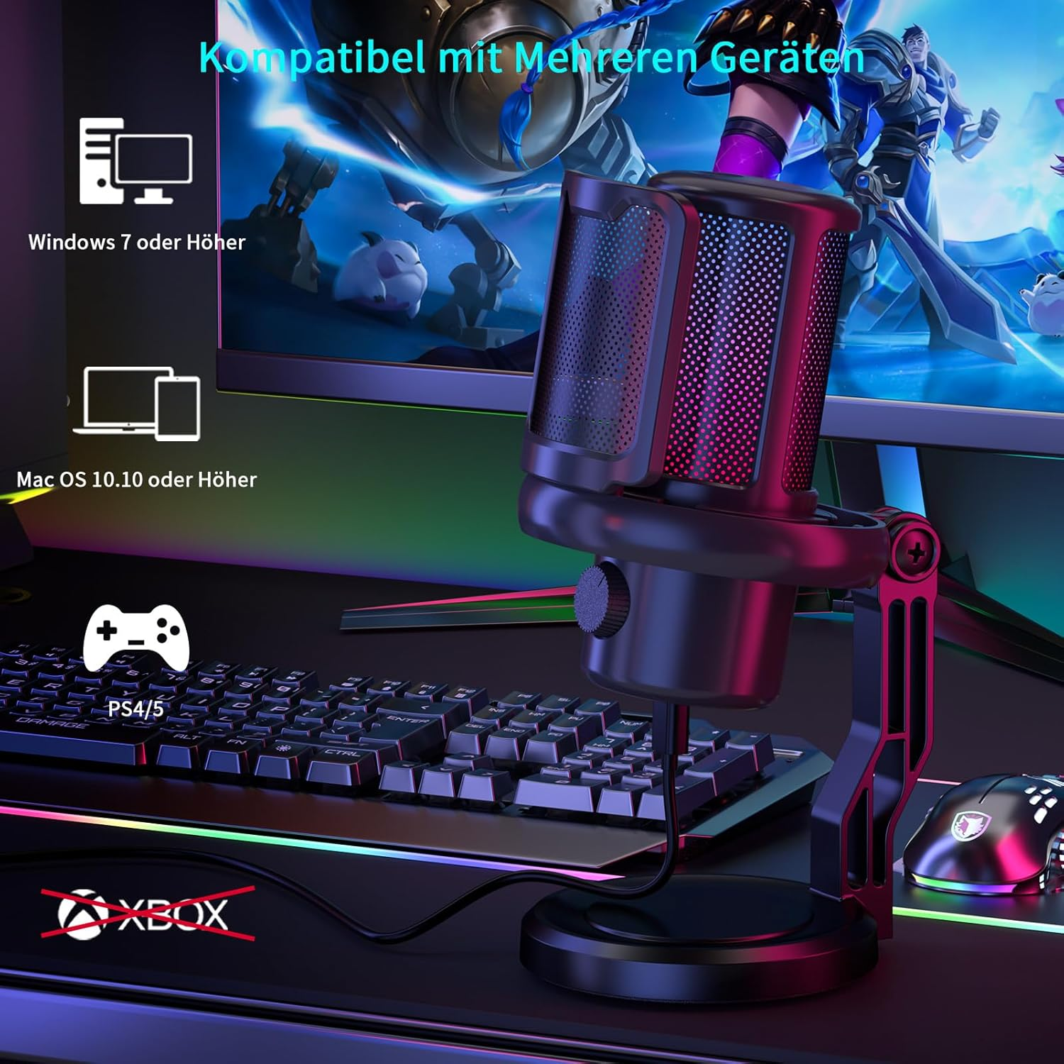 Gaming-Setup mit Mikrofon, Tastatur, Maus und Controller-Symbolen.