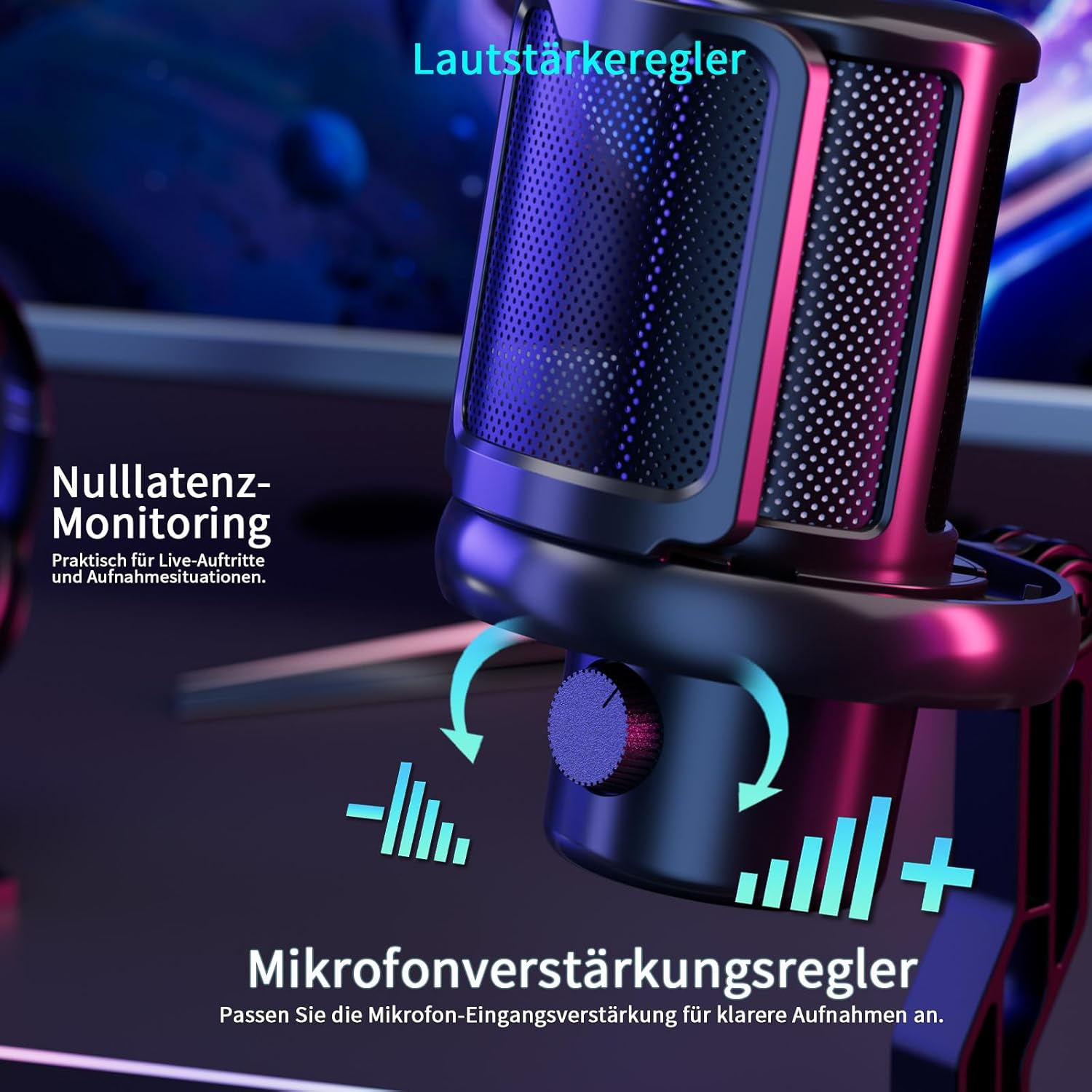 Ein Kondensatormikrofon mit Lautstärke- und Verstärkungsregler, beleuchtet.