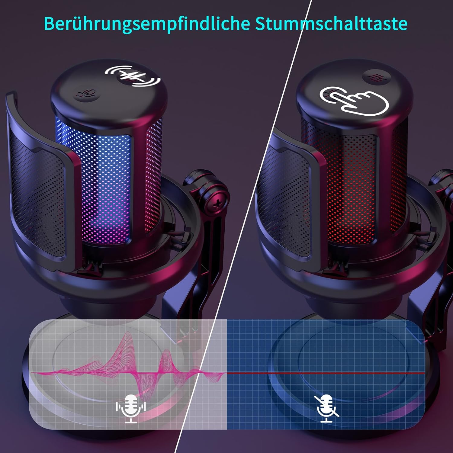 Zwei Mikrofone nebeneinander: links mit blauem Licht und Tonwelle, rechts mit rotem Licht und Stummsymbol.