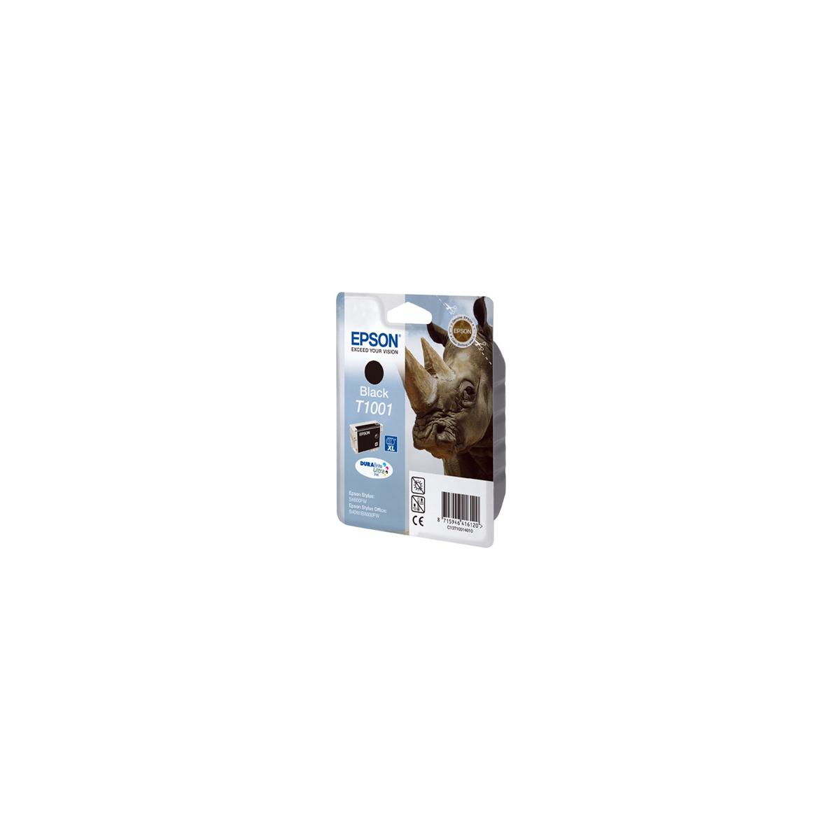 Epson T1001 Tintenpatrone schwarz mit Nashorn-Motiv auf Verpackung.