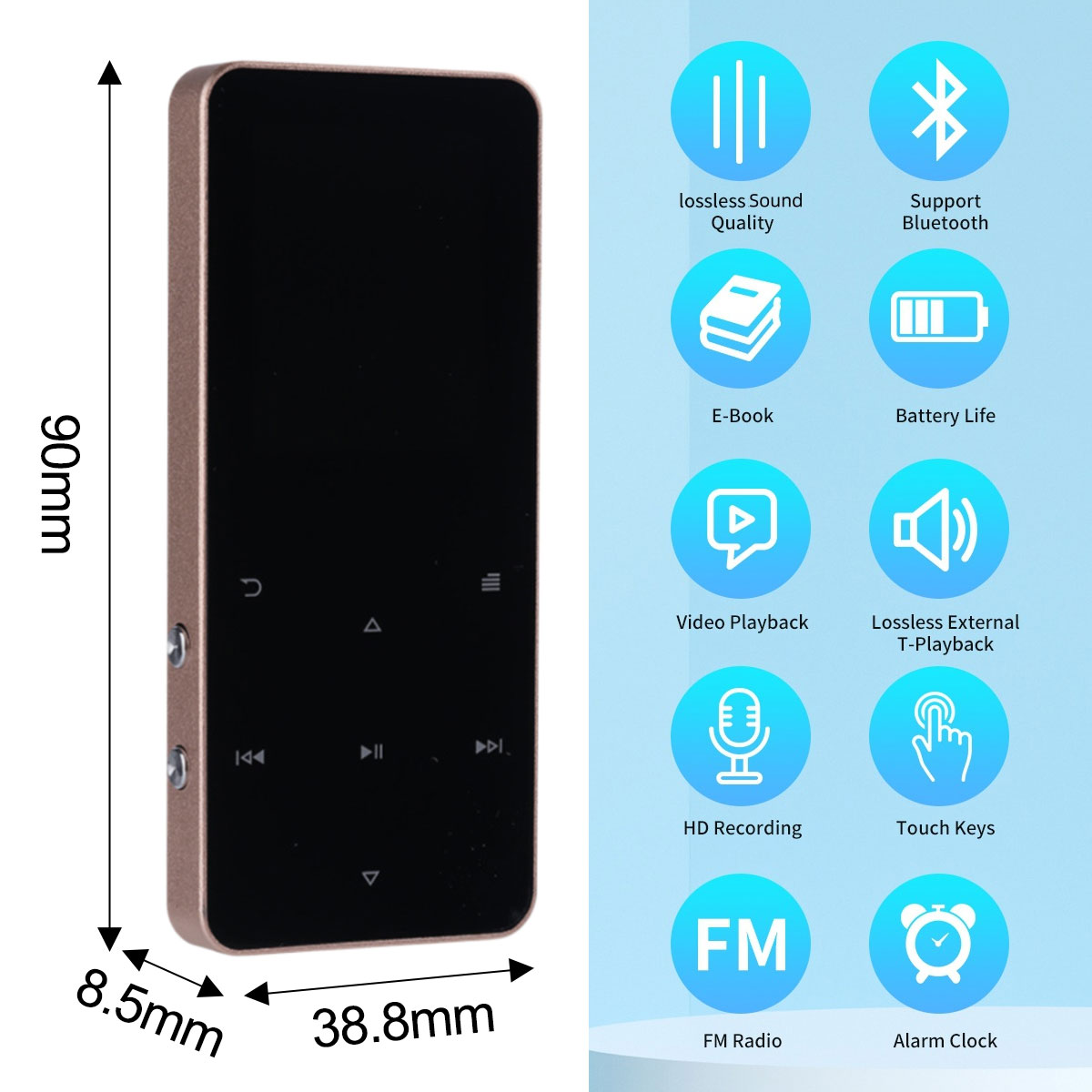 Ein tragbarer Mediaplayer mit Touchscreen und Tasten. Maße: 90x38.8x8.5mm.
