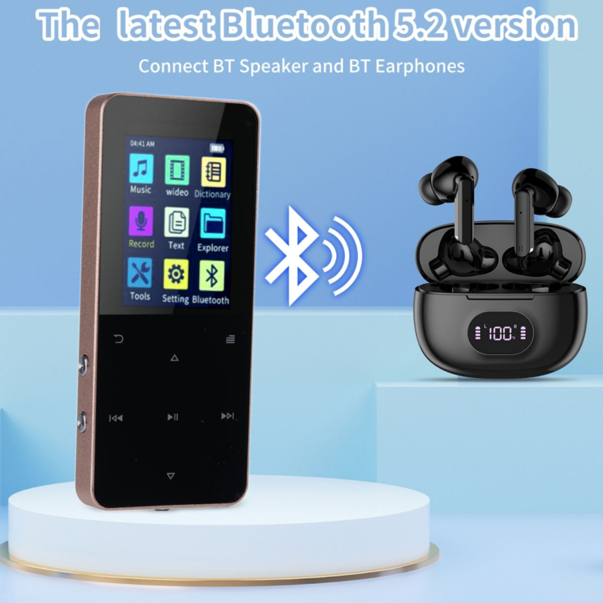 Ein MP3-Player mit Bluetooth 5.2 und kabellosen Ohrhörern wird gezeigt.