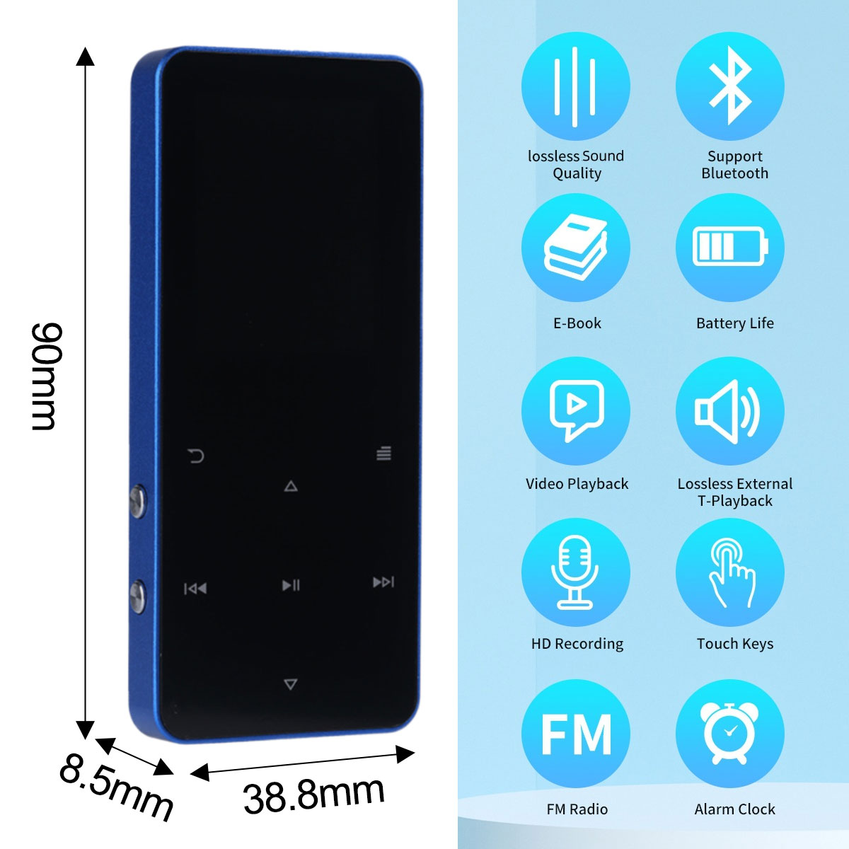 Blauer MP3-Player mit Maßen 90x38,8x8,5mm und Funktionen-Icons.