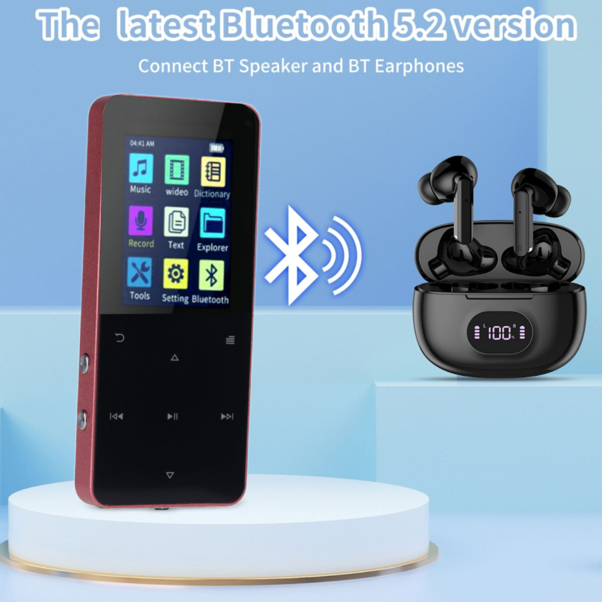 Ein roter MP3-Player mit Bluetooth-Symbol und schwarzen kabellosen Ohrhörern.