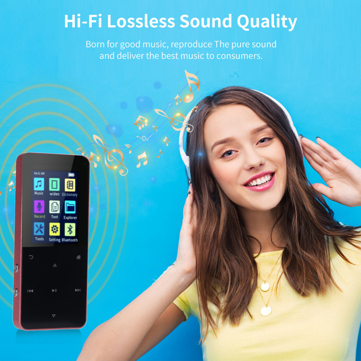 Eine Frau mit Kopfhörern hört Musik, daneben ein MP3-Player.