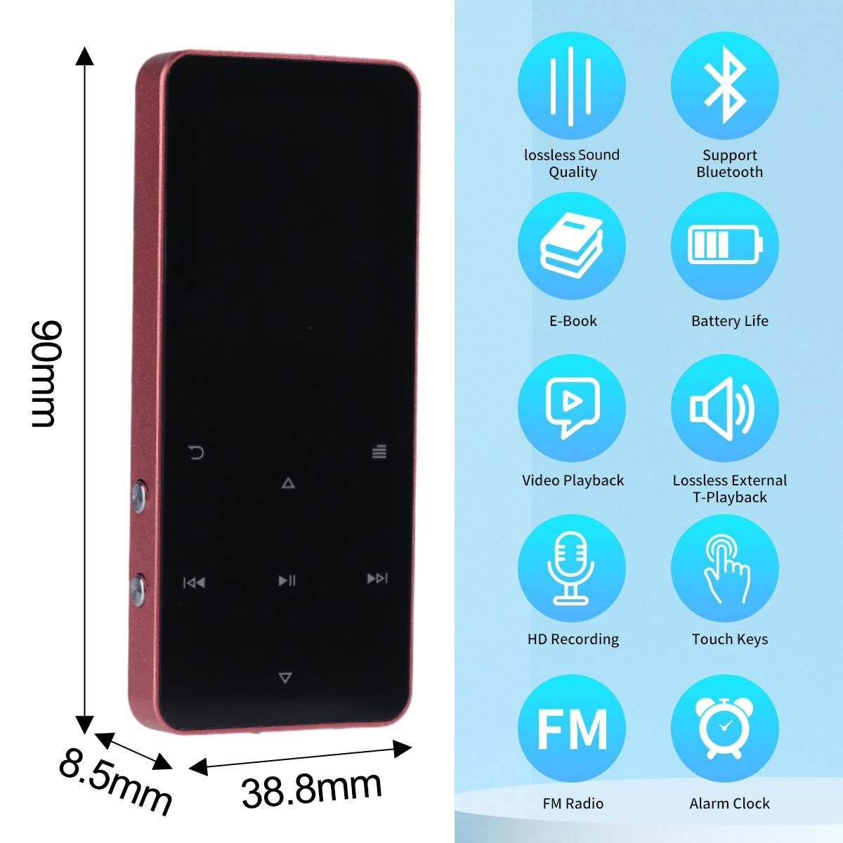 Roter tragbarer MP3-Player mit Bildschirm, Tasten und Abmessungen 90x38,8x8,5mm.