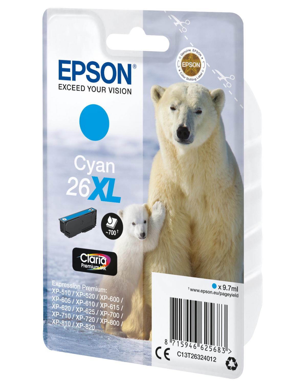 Confezione inchiostro Epson Cyan 26XL con orsi polari e dettagli prodotto.