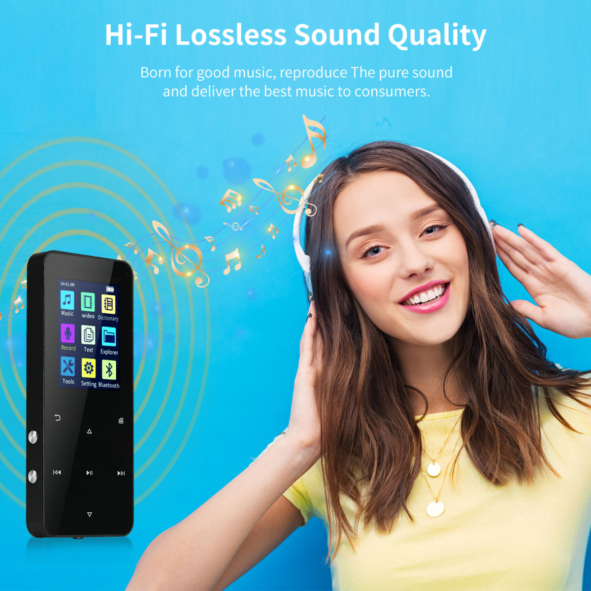 Eine Frau mit Kopfhörern hört Musik, daneben ein MP3-Player.