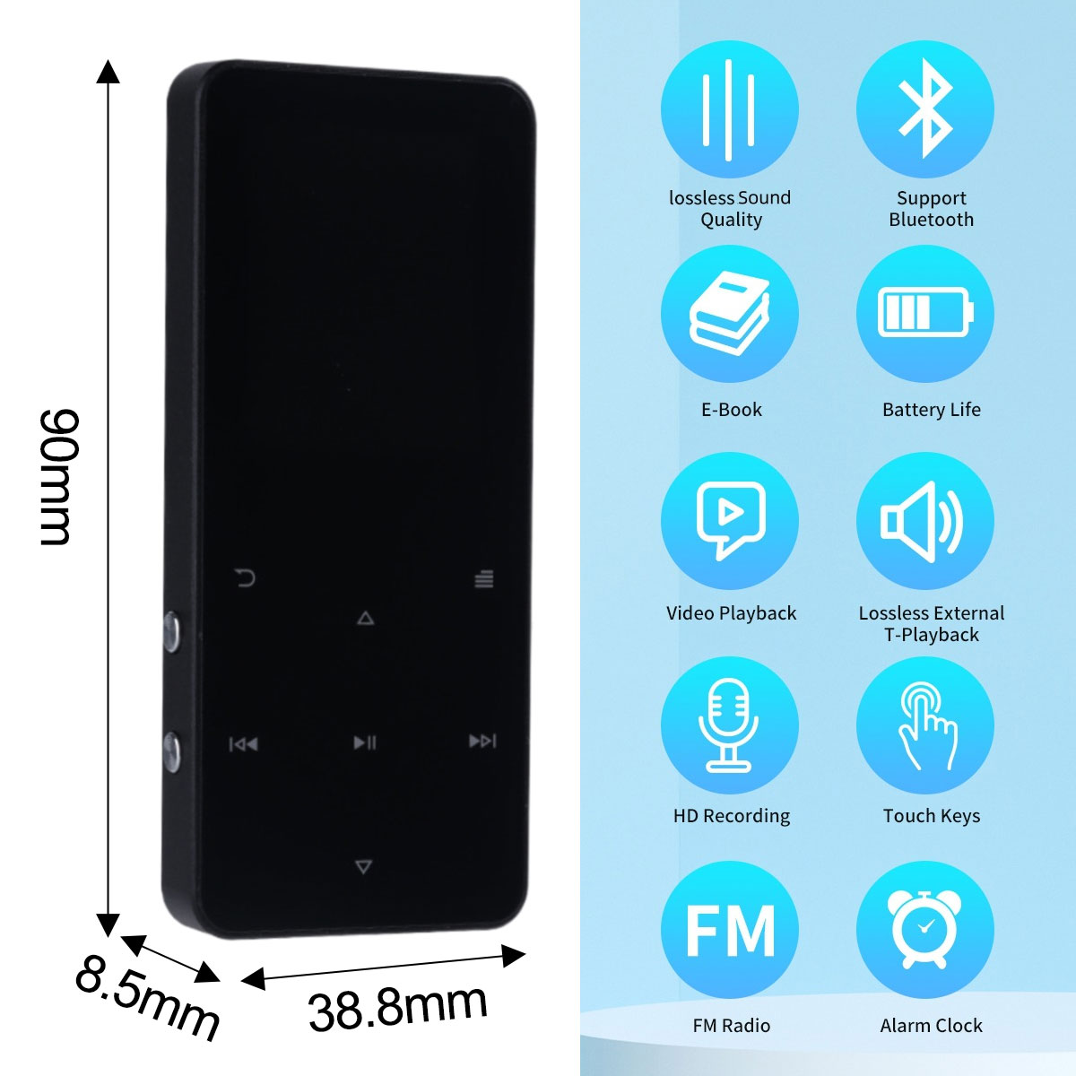 Schwarzer MP3-Player mit Maßen und Symbolen für Funktionen wie FM-Radio und Bluetooth.