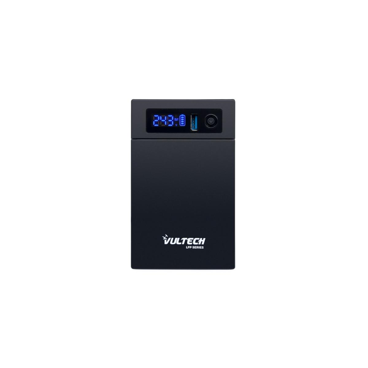 Power bank nero con display digitale blu, porta USB e pulsante.