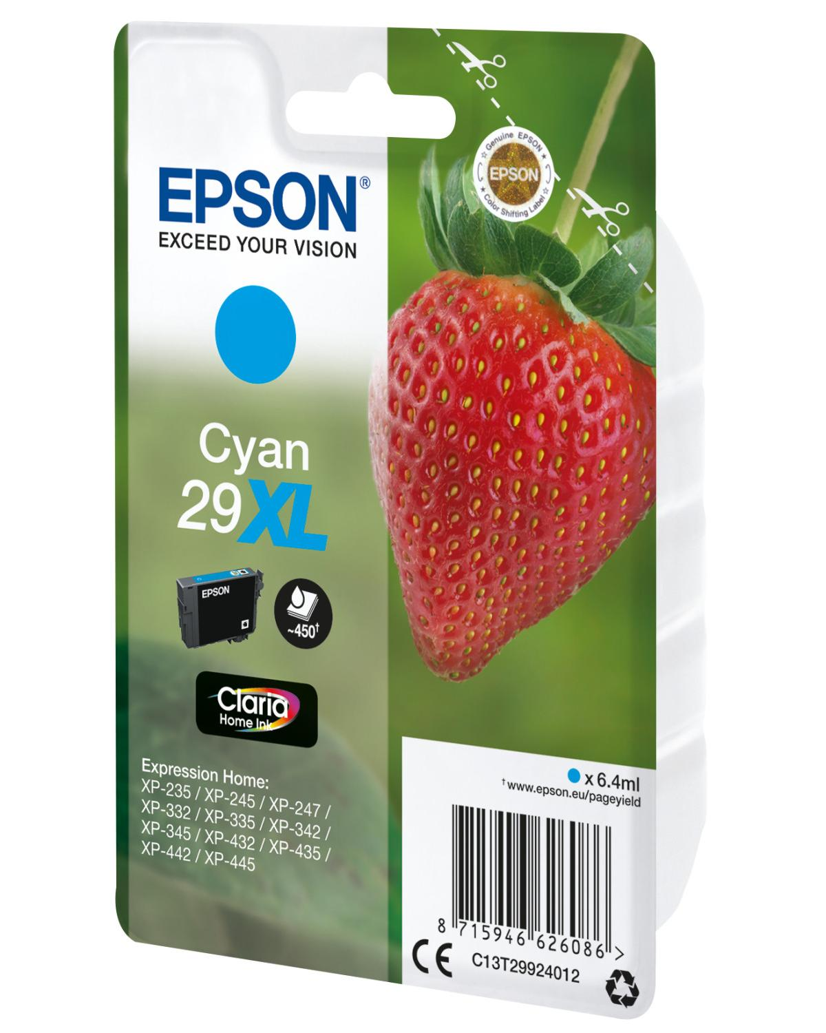Epson Cyan 29XL inktcartridge met aardbei en tekst, met schaaricoon.