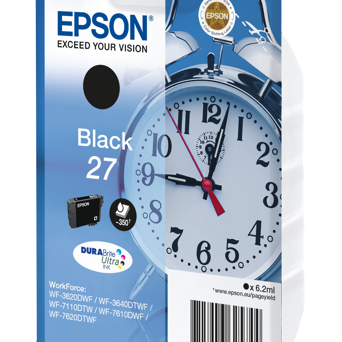 Tinta negra Epson 27, con gráfico de despertador e información de impresora.