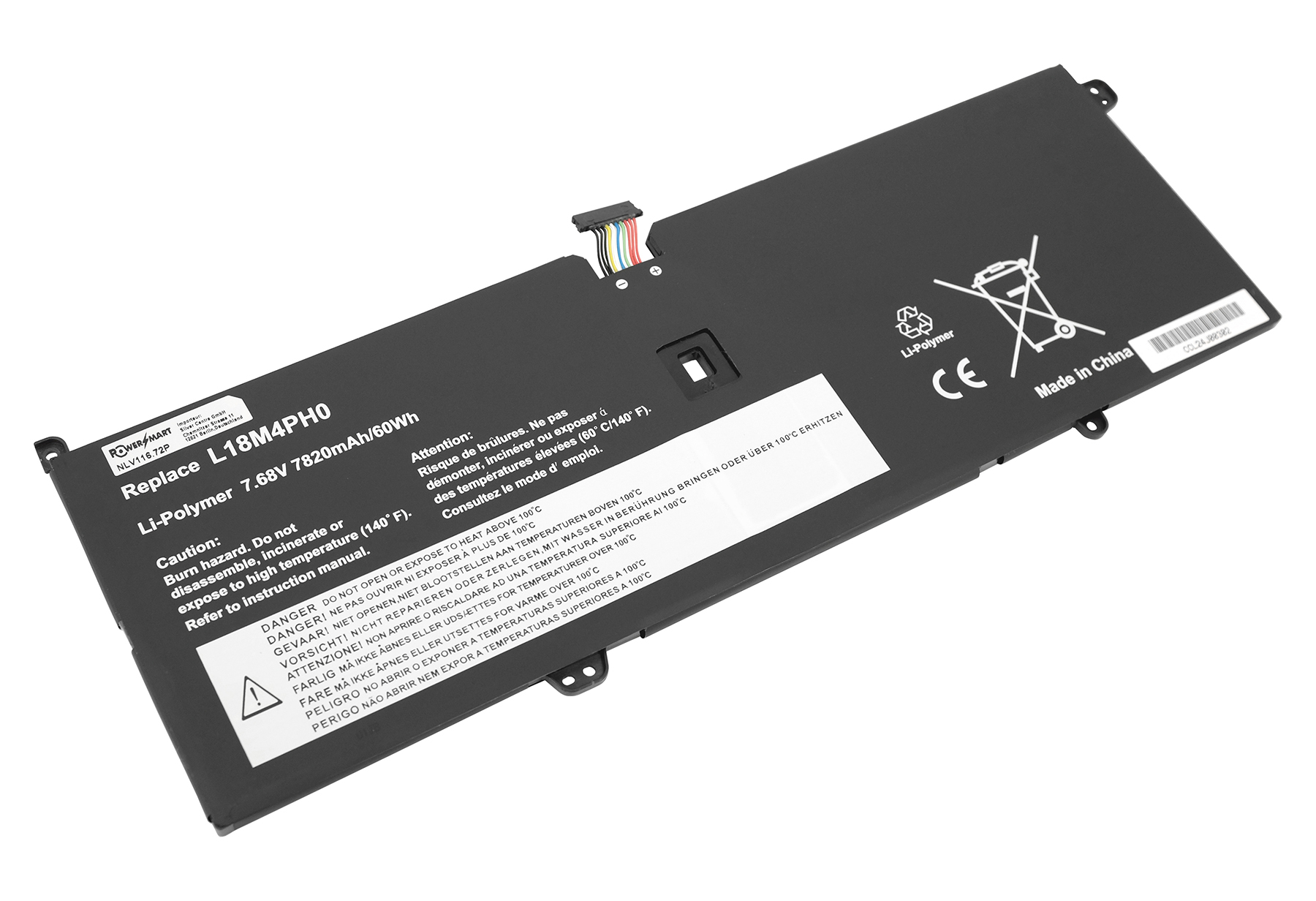 Schwarzer Li-Polymer Akku, L18M4PH0, 7.68V 7820mAh, mit Warnhinweisen.