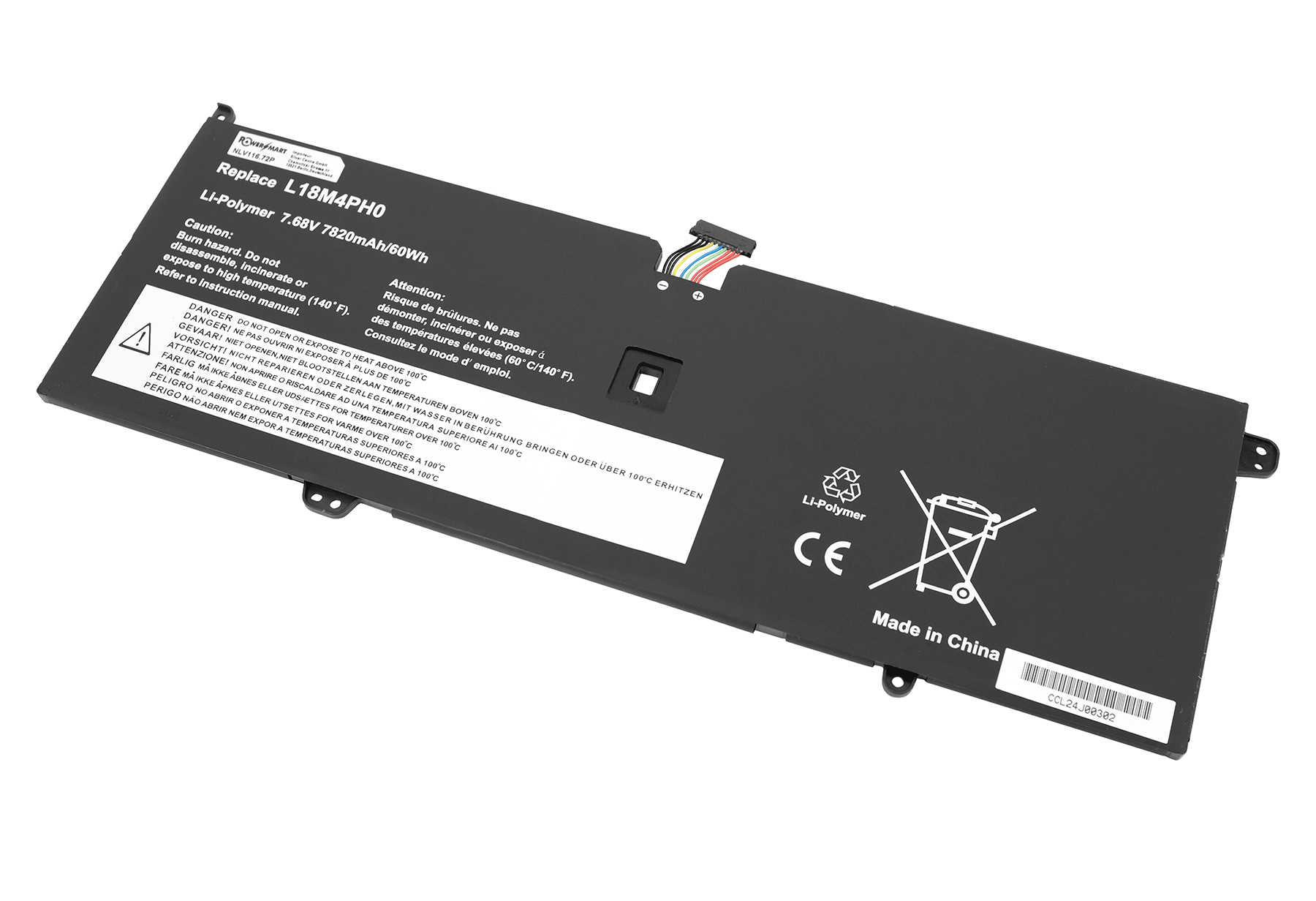 Schwarzer Li-Polymer Akku, Modell L18M4PH0, mit Warnhinweisen und CE-Zeichen.