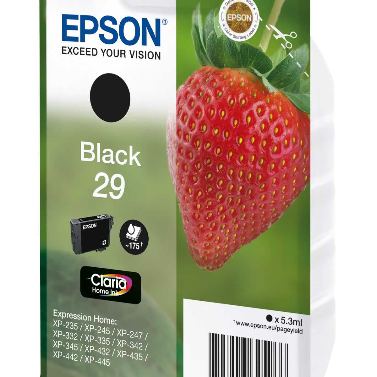Epson Zwart 29 inktcartridge met aardbeienafbeelding en printermodellen.