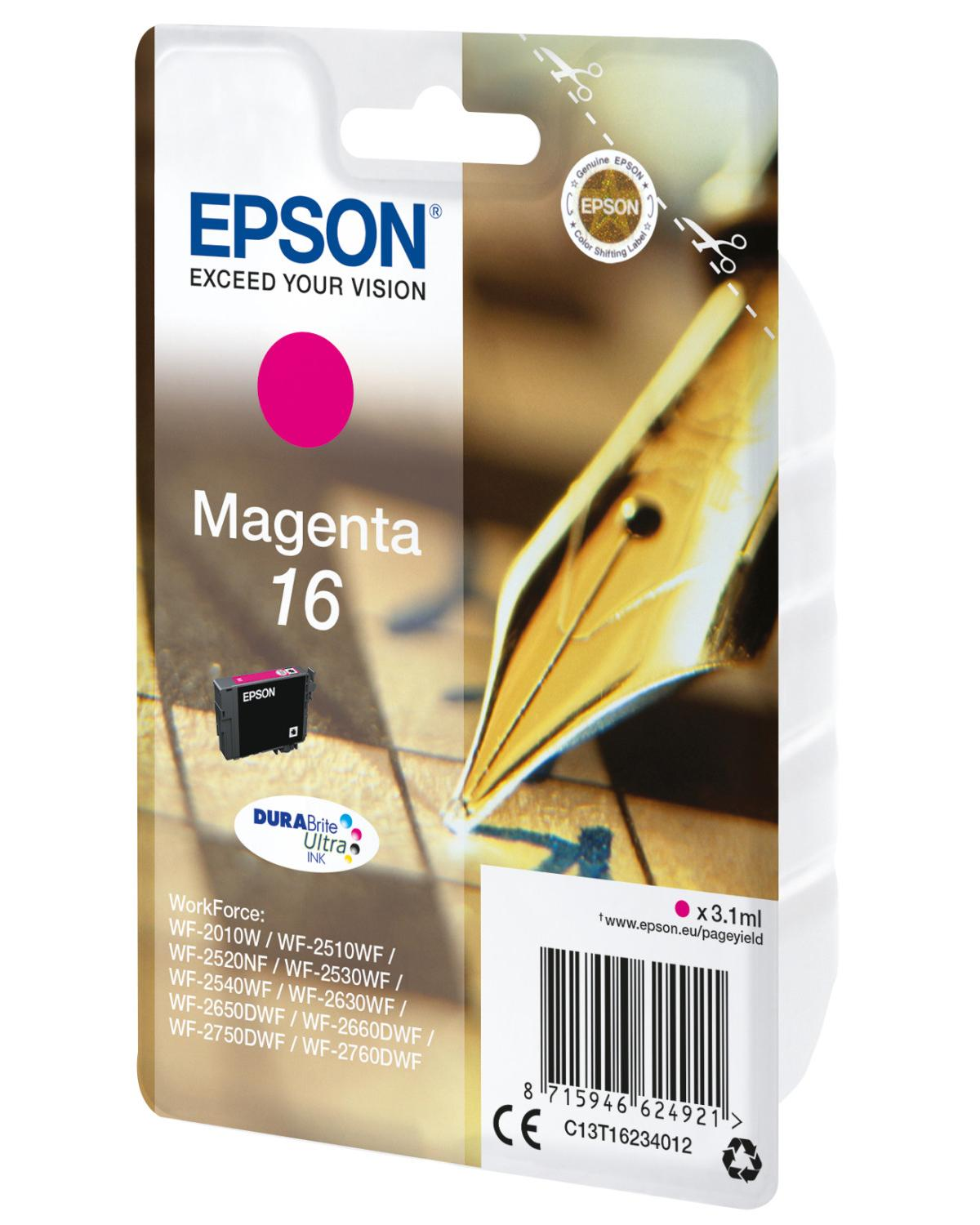 Confezione di cartucce d'inchiostro Epson Magenta 16 con punto magenta e dettagli prodotto.