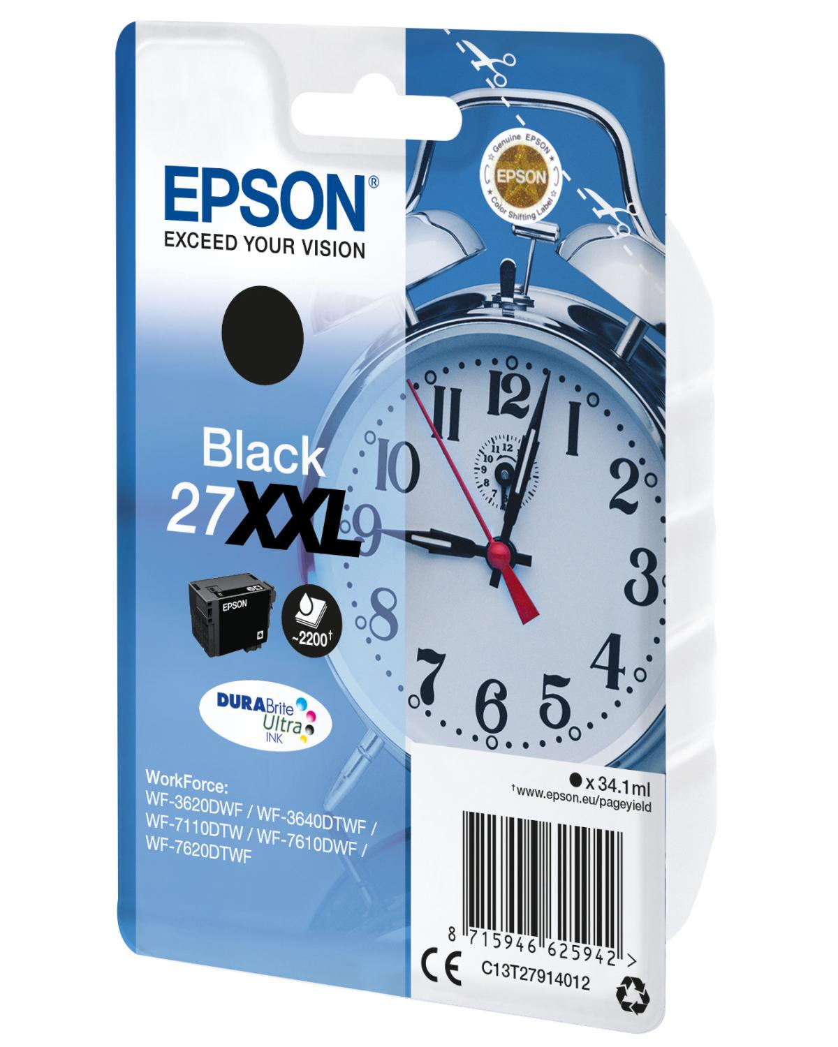 Cartuccia d'inchiostro Epson 27XXL Nero con design sveglia e dettagli prodotto.