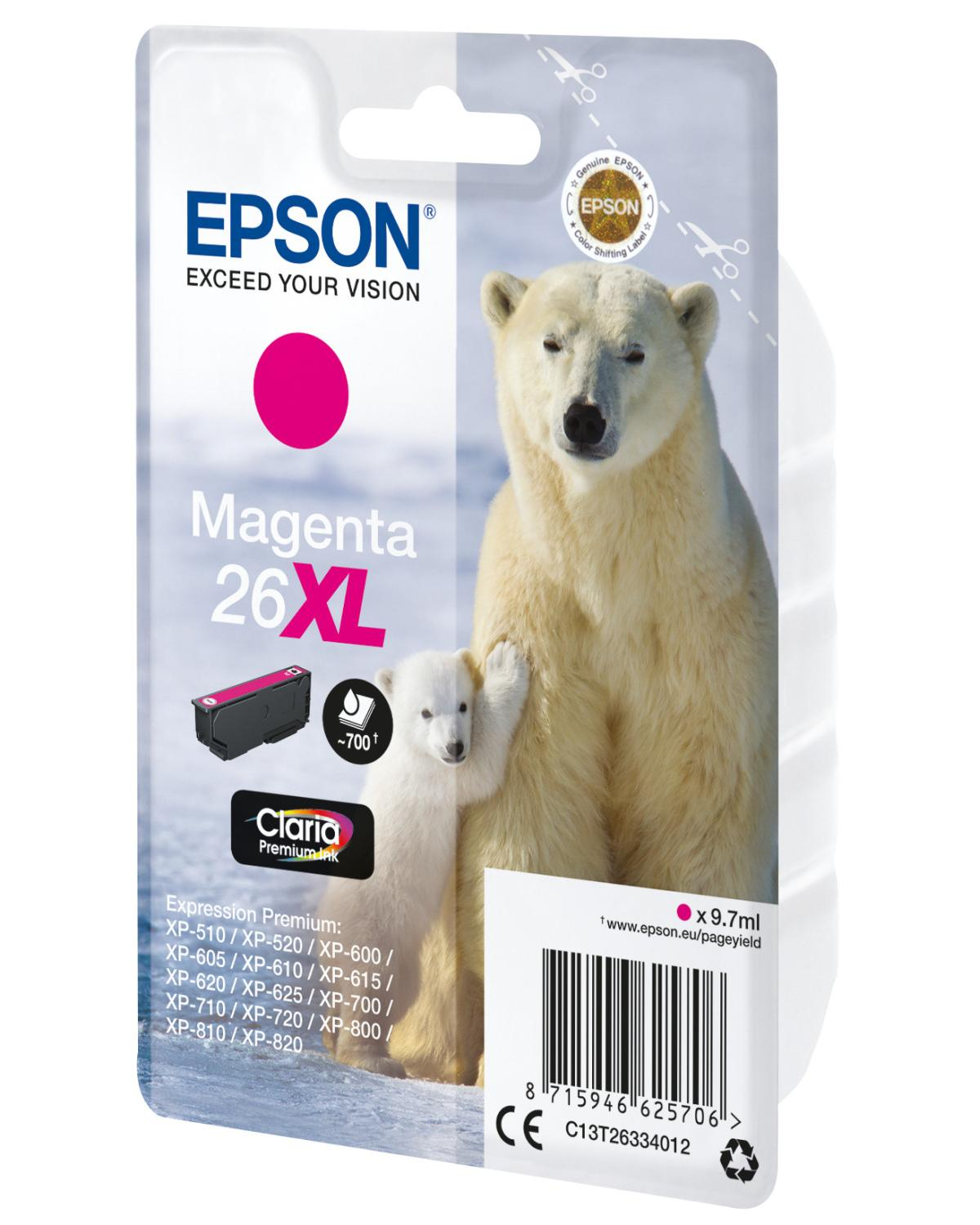 Tinta Epson Magenta 26XL con familia de osos polares en el empaque.