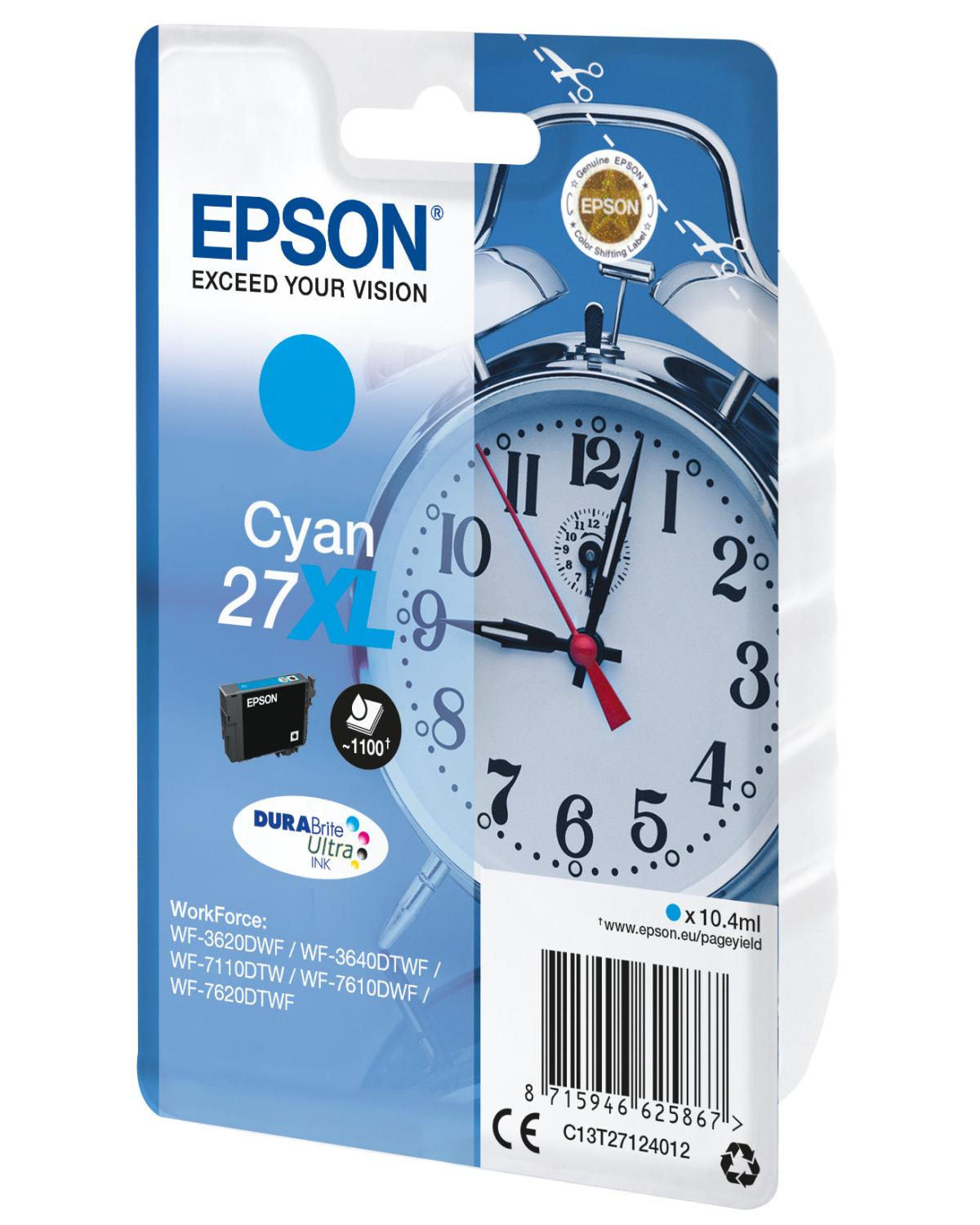 Cartouche d'encre Epson Cyan 27XL avec design réveil et détails produit.