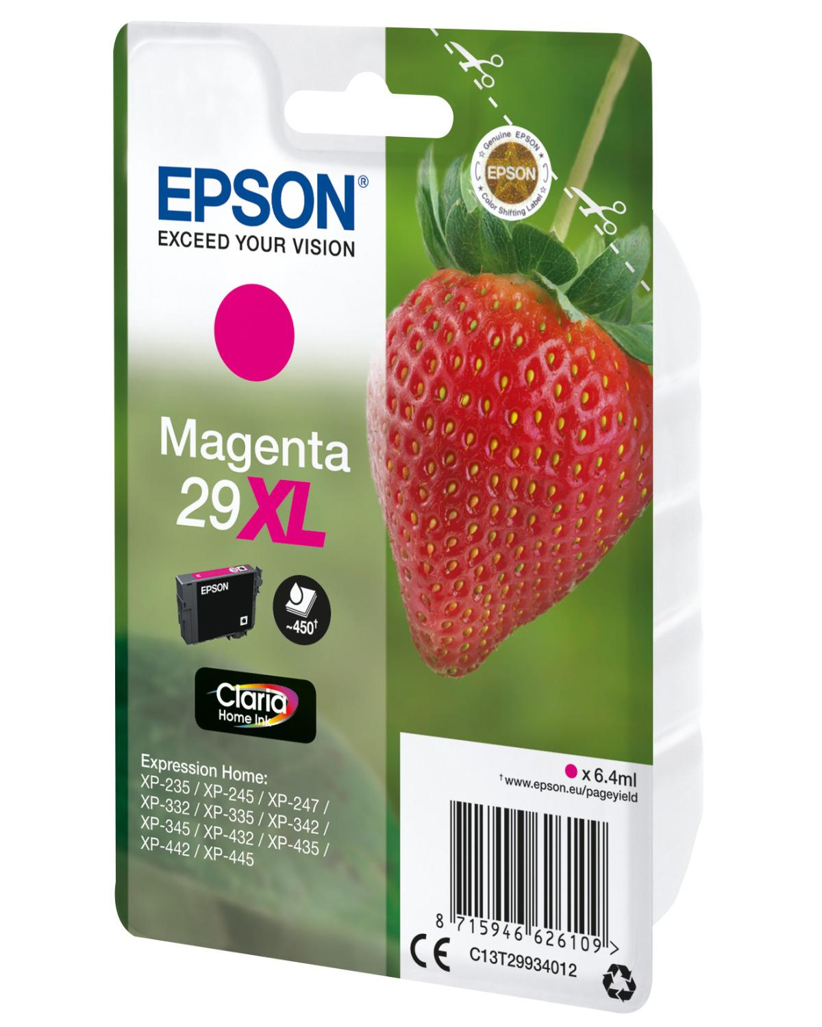 Epson Magenta 29XL Tinte mit Erdbeer-Bild und Produktinfos.