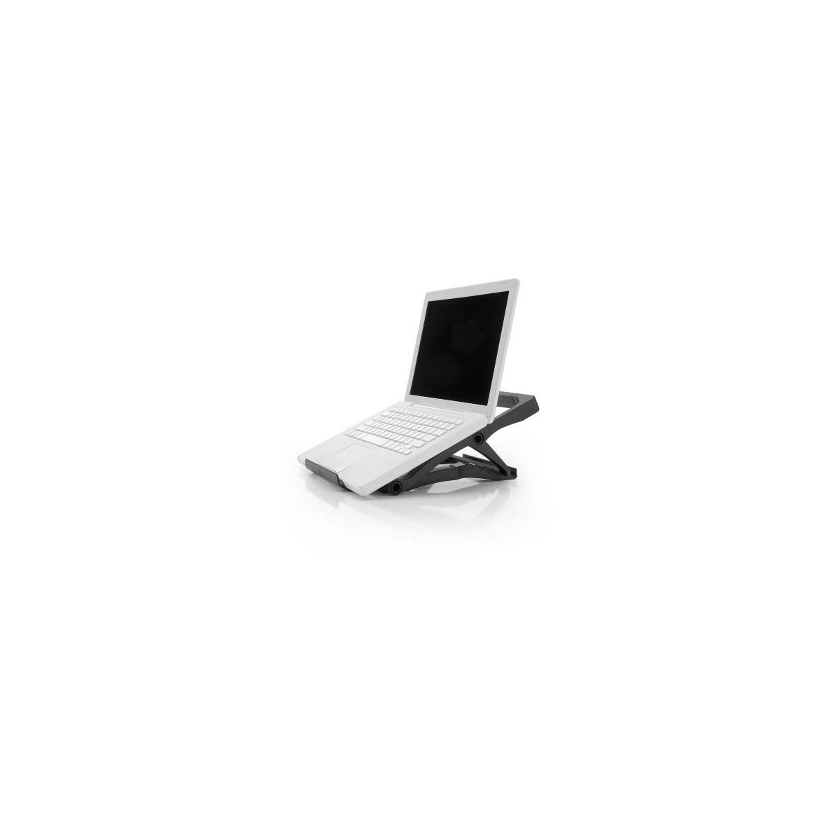 Ein weißer Laptop steht auf einem schwarzen Ständer.