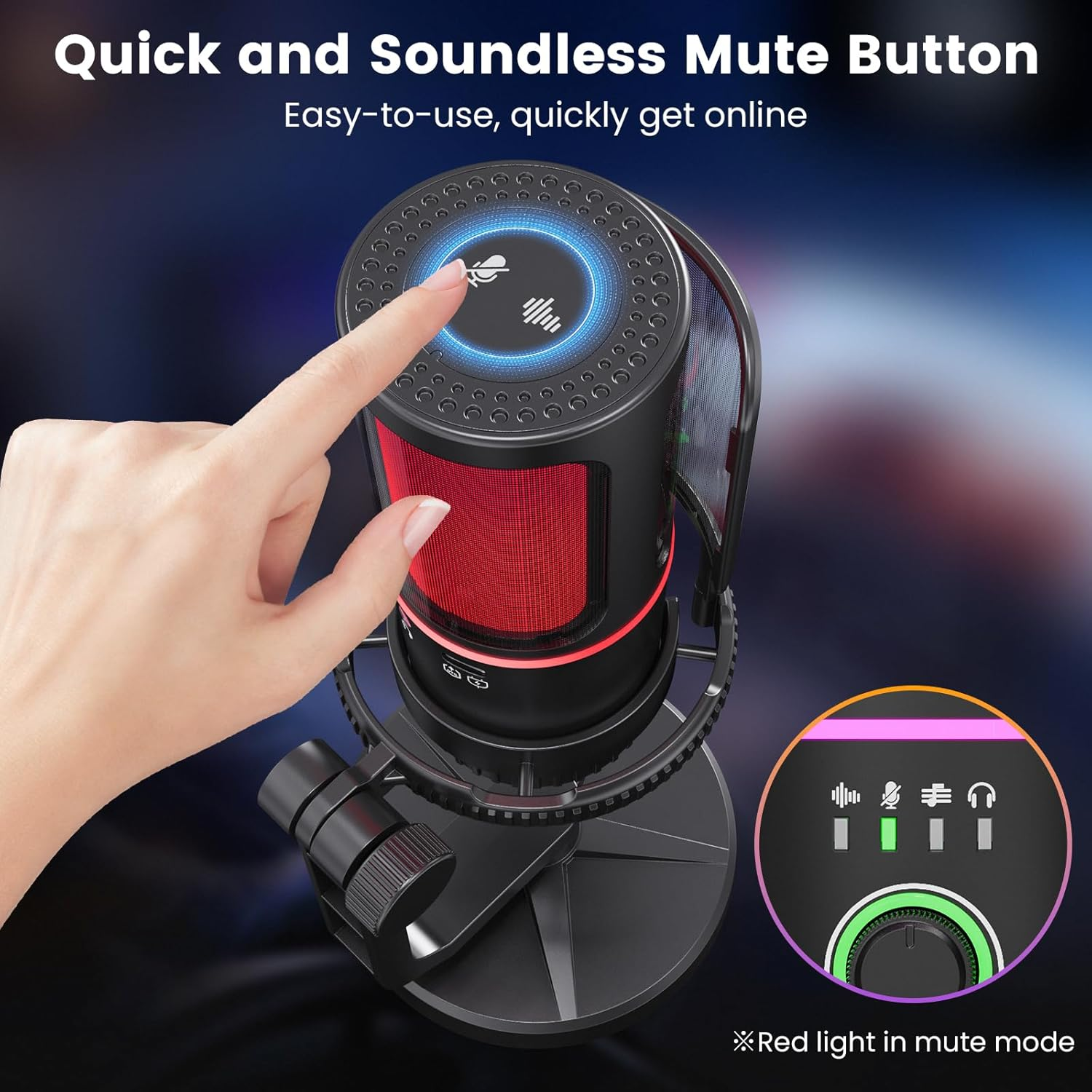 Ein Finger berührt den Mikrofon-Mute-Button. Rote Lichter zeigen den Stummschaltungsmodus an.