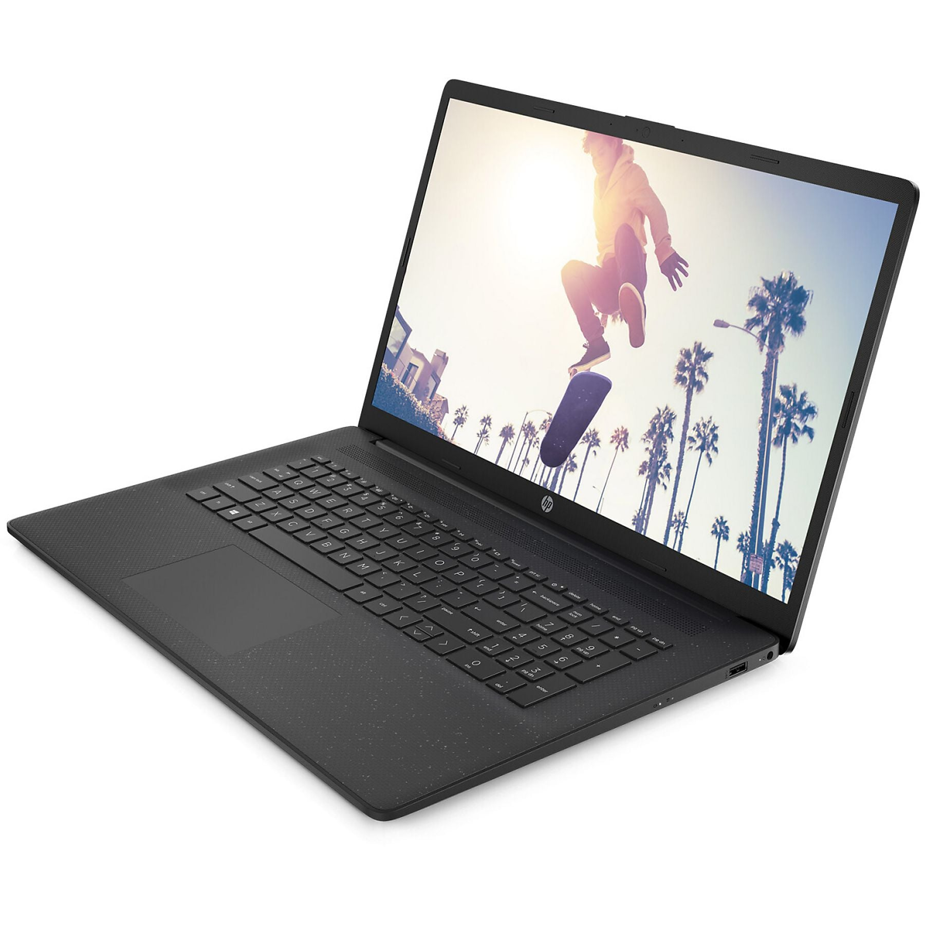 Schwarzer Laptop mit einem Bildschirm, der einen springenden Skateboarder, Palmen und Gebäude zeigt.