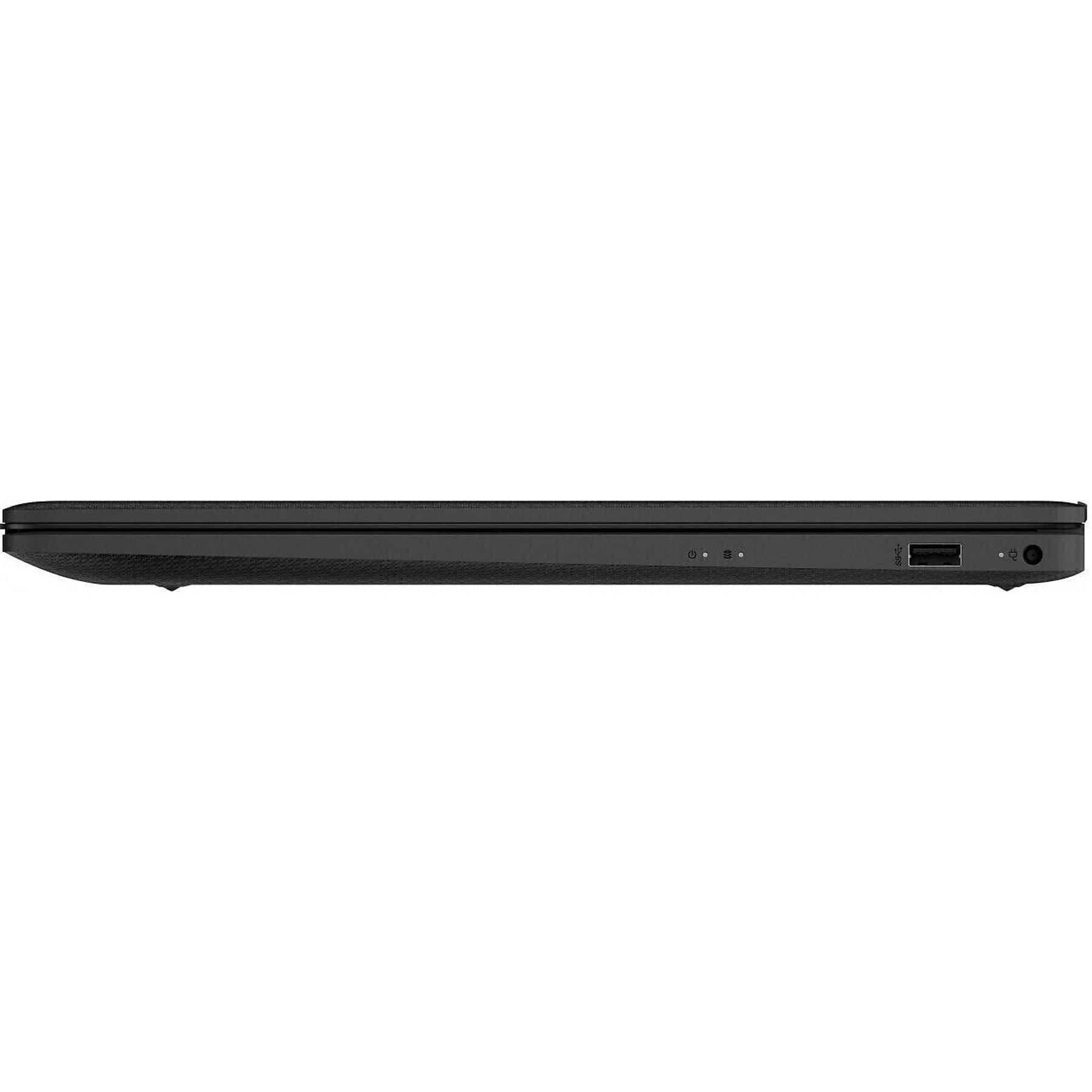 Schwarzer Laptop von der Seite mit USB-Anschluss und Ladeanschluss.