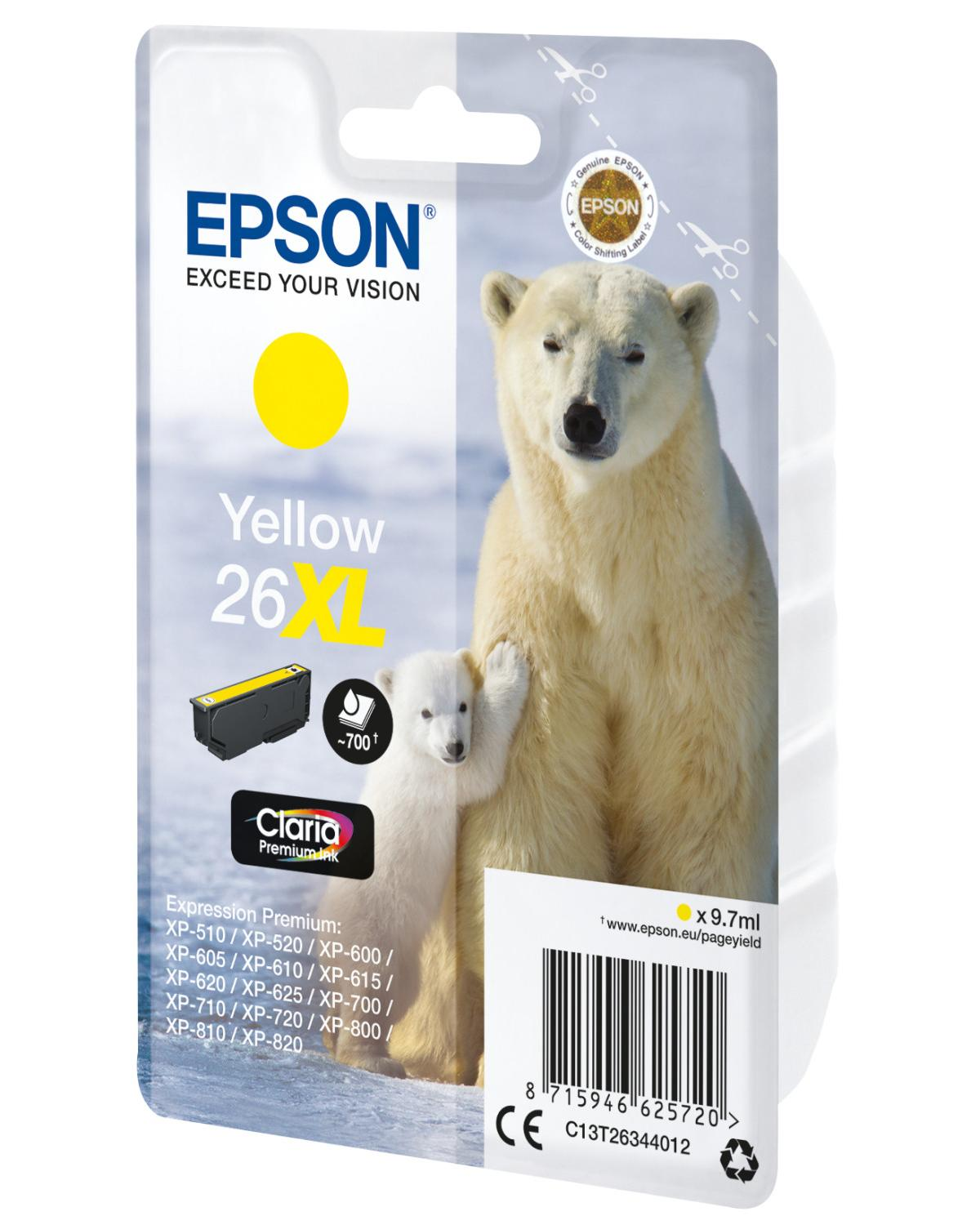Inchiostro Epson 26XL Giallo con orsi polari. Include cartuccia e logo Epson.