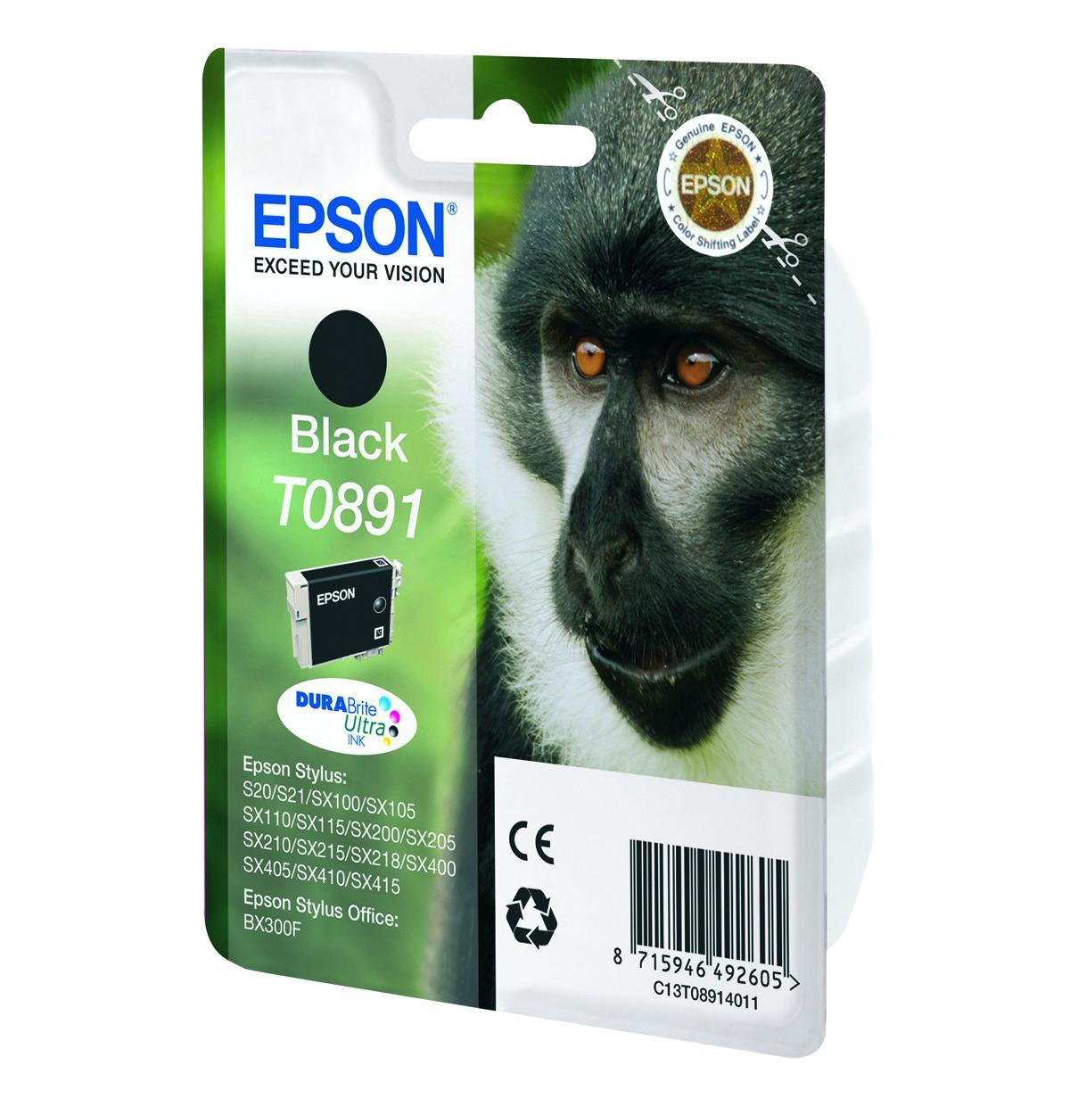 Epson T0891 Tintenpatrone mit schwarzer Tinte, verpackt mit Affengesicht.