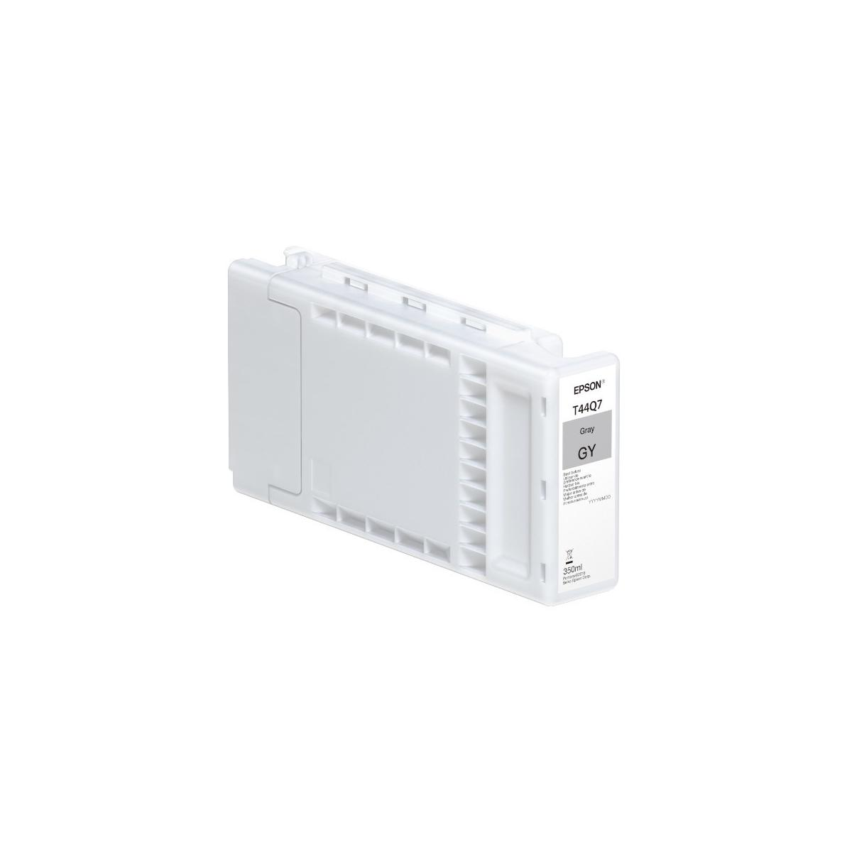 Grijze Epson T44Q7 inktcartridge, 350ml inhoud, witte plastic behuizing.