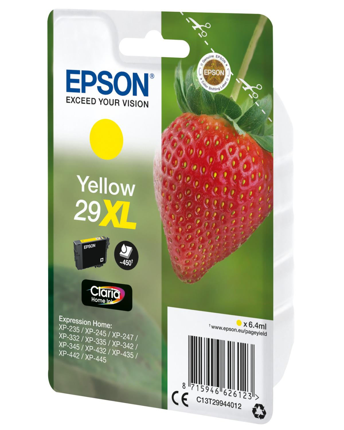 Cartuccia d'inchiostro Epson "Yellow 29XL" con fragola e marchio.