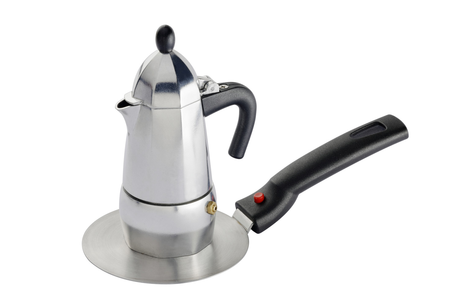 Silberner Espressokocher mit schwarzem Griff und rundem Metallsockel.