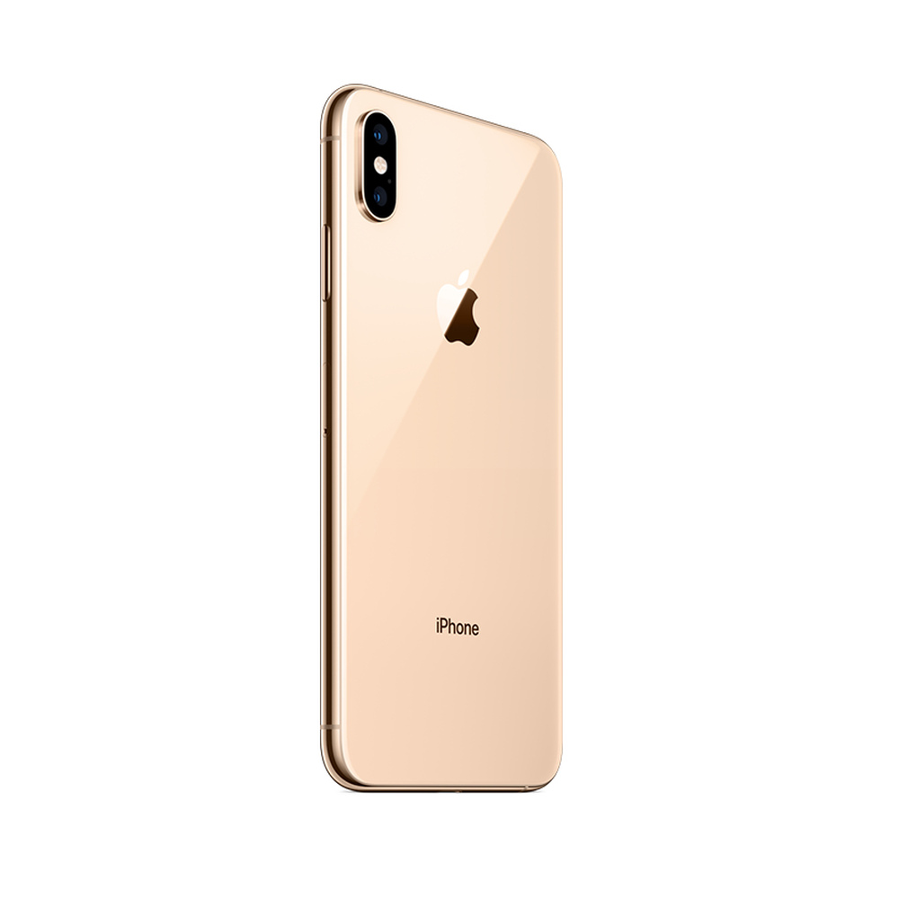 Złoty iPhone na białym tle. Widoczny tył z aparatami i logo.