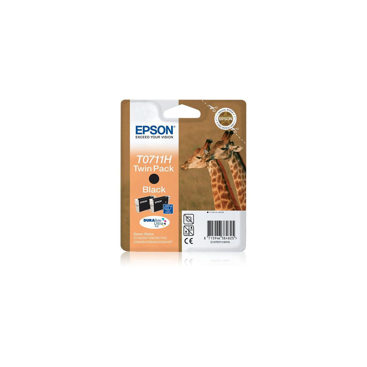 Epson T0711H Twin Pack schwarze Tinte mit Giraffen auf der Verpackung.