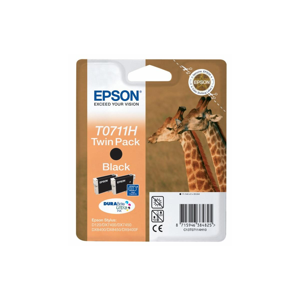 Epson T0711H Twin Pack schwarze Tintenpatronen mit Giraffenmotiv.
