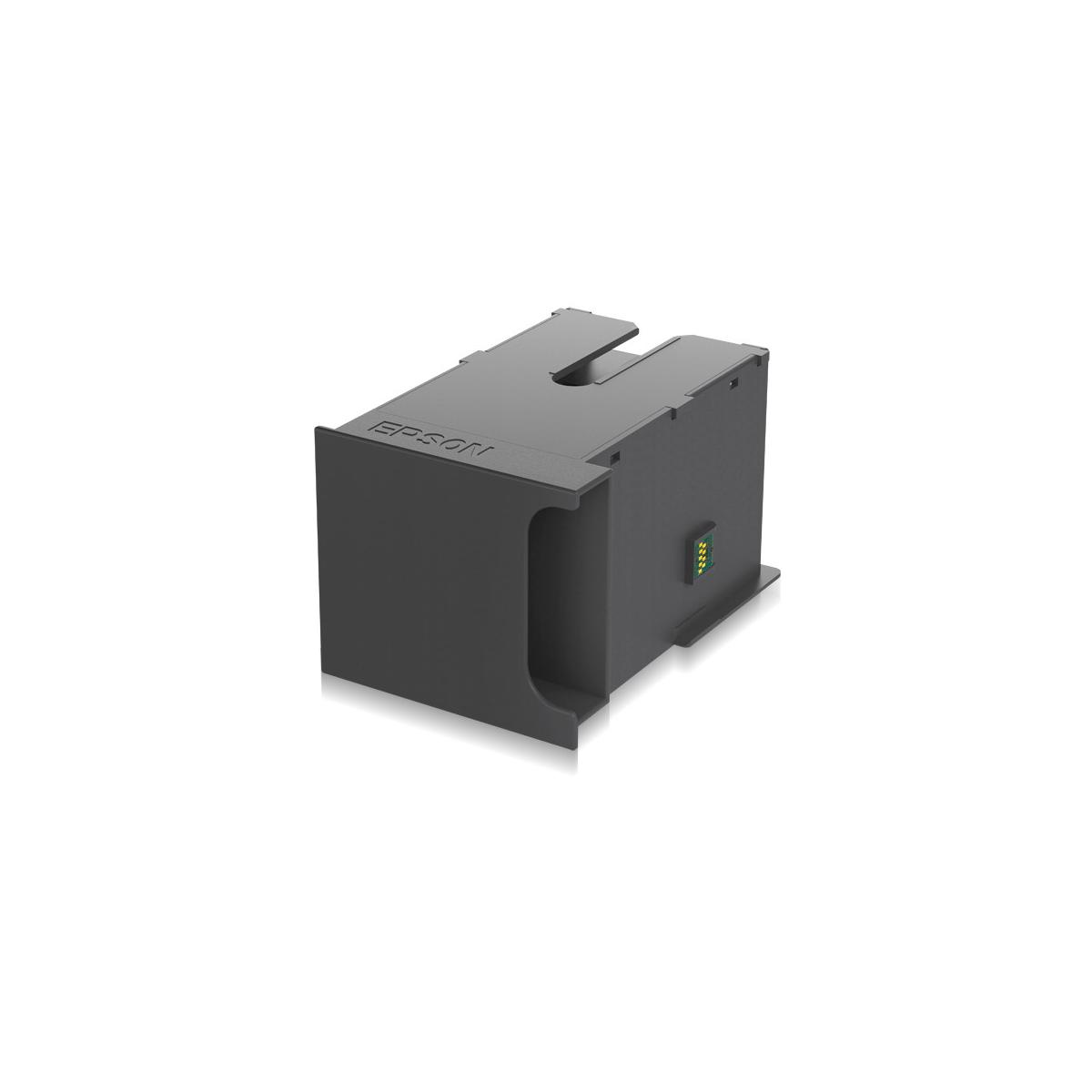 Una cartuccia d'inchiostro Epson nera con pin verdi è mostrata su sfondo bianco.