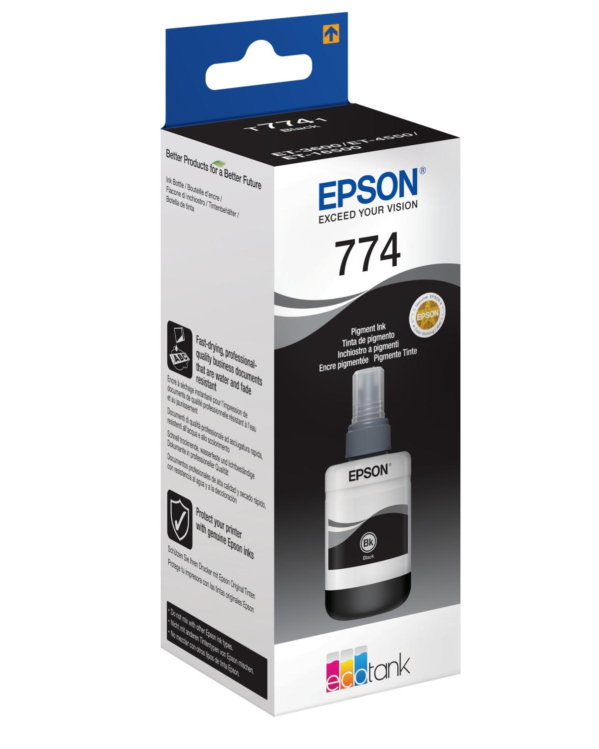 Epson EcoTank 774 Pigment Siyah mürekkep şişesi ambalajlı, baskı gösteriyor.