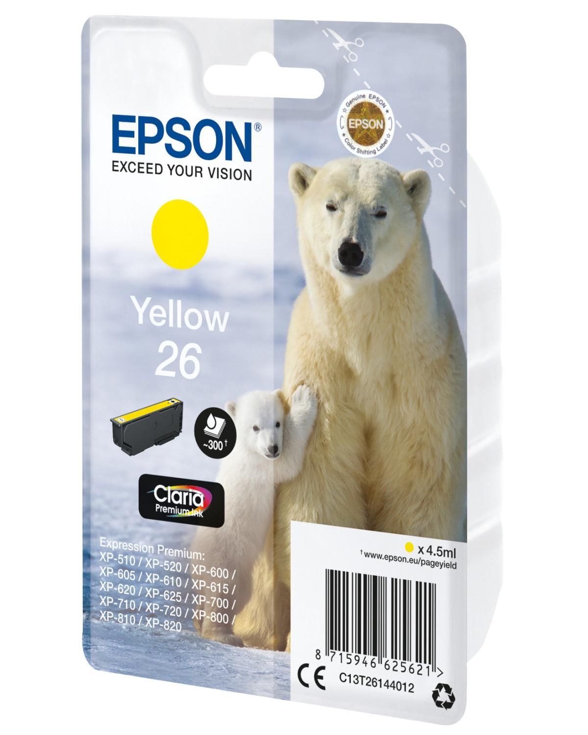 Epson gele inktcartridge 26 met ijsberen en productdetails.