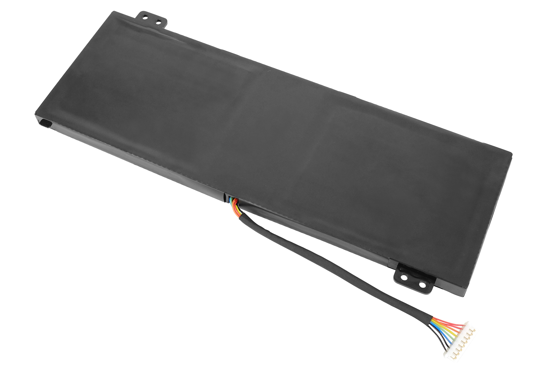 Schwarzer Laptop-Akku mit Kabeln und Anschluss auf weißem Hintergrund.