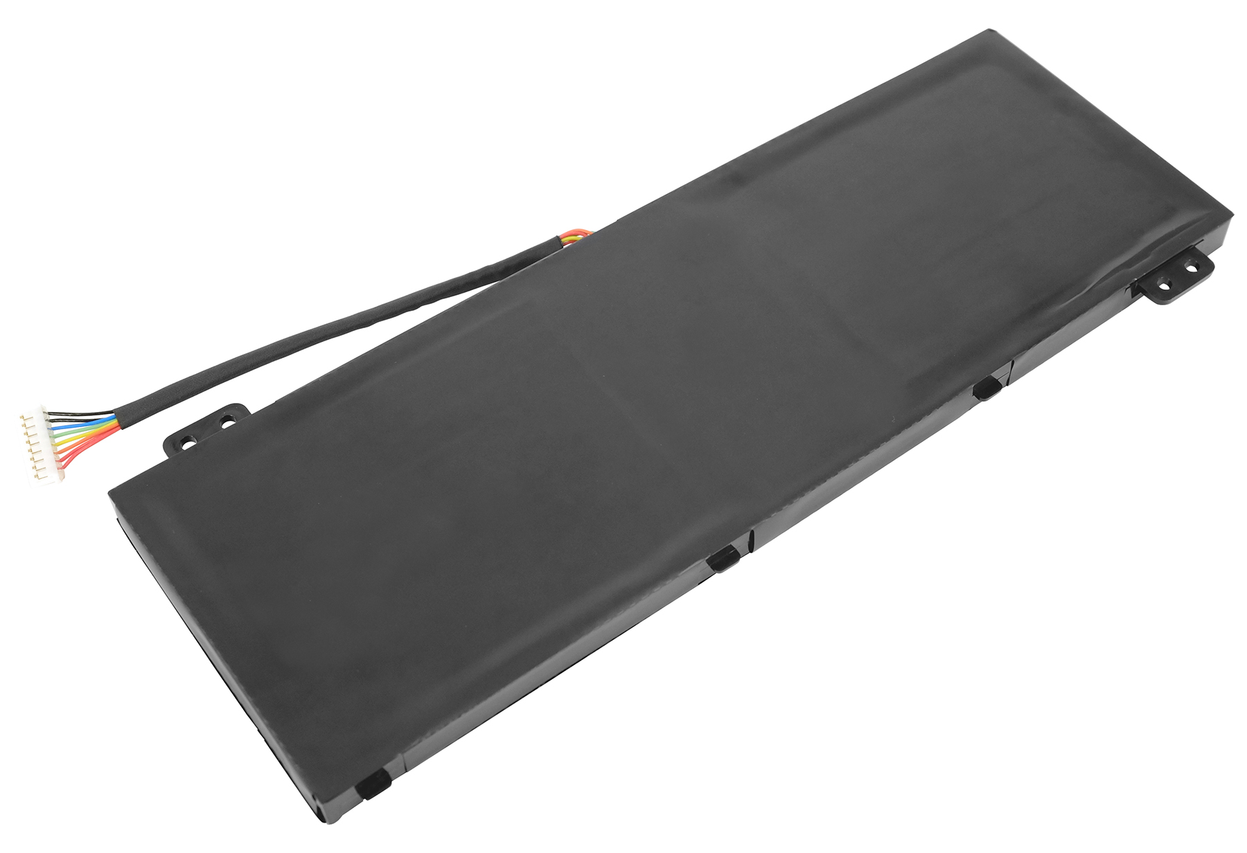 Schwarzer Laptop-Akku mit buntem Kabelstecker und Verbindungsdrähten.