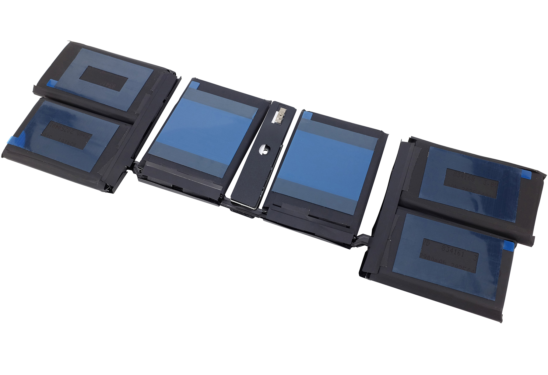 Mehrere schwarze Laptop-Akkupacks mit blauen Aufklebern auf weißem Hintergrund.