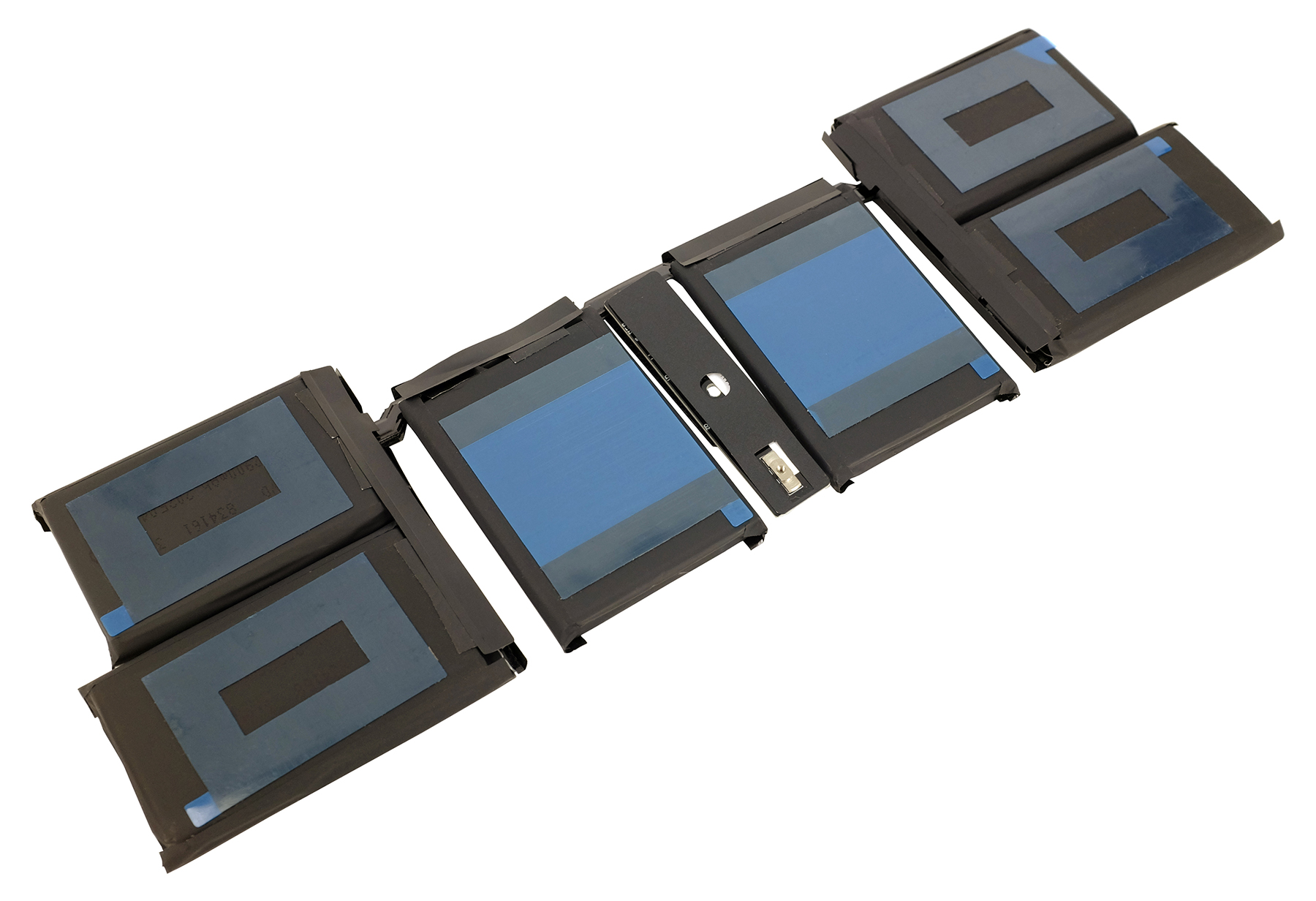 Mehrere schwarze Batterien mit blauen Akzenten sind auf weißem Hintergrund angeordnet.