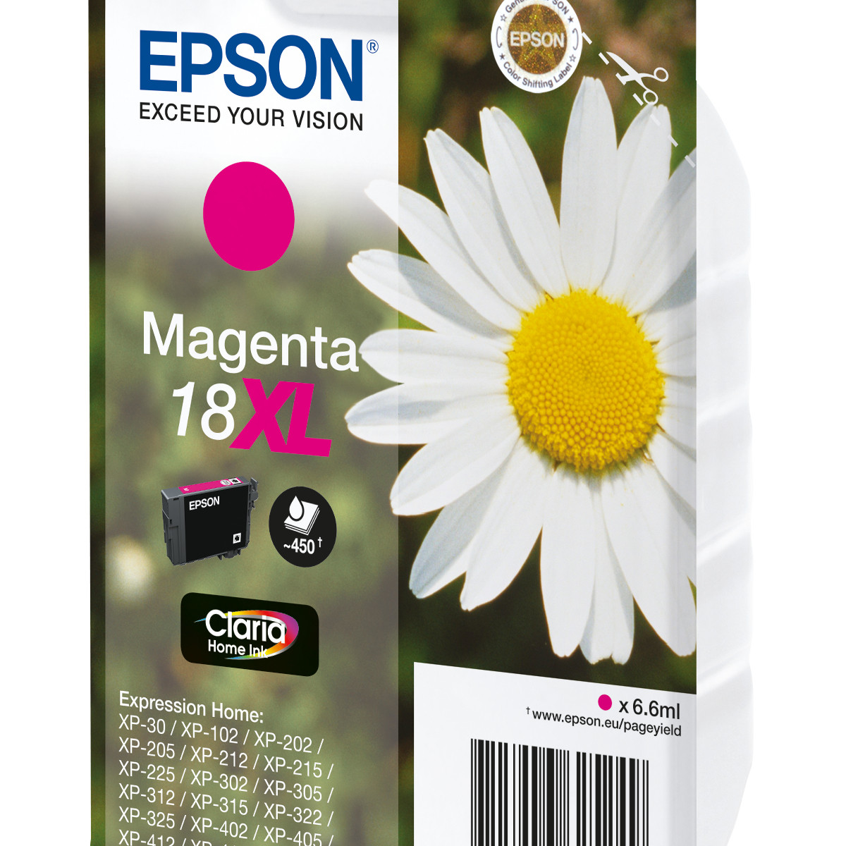 Embalaje de cartucho de tinta Epson Magenta 18XL con margarita y texto.