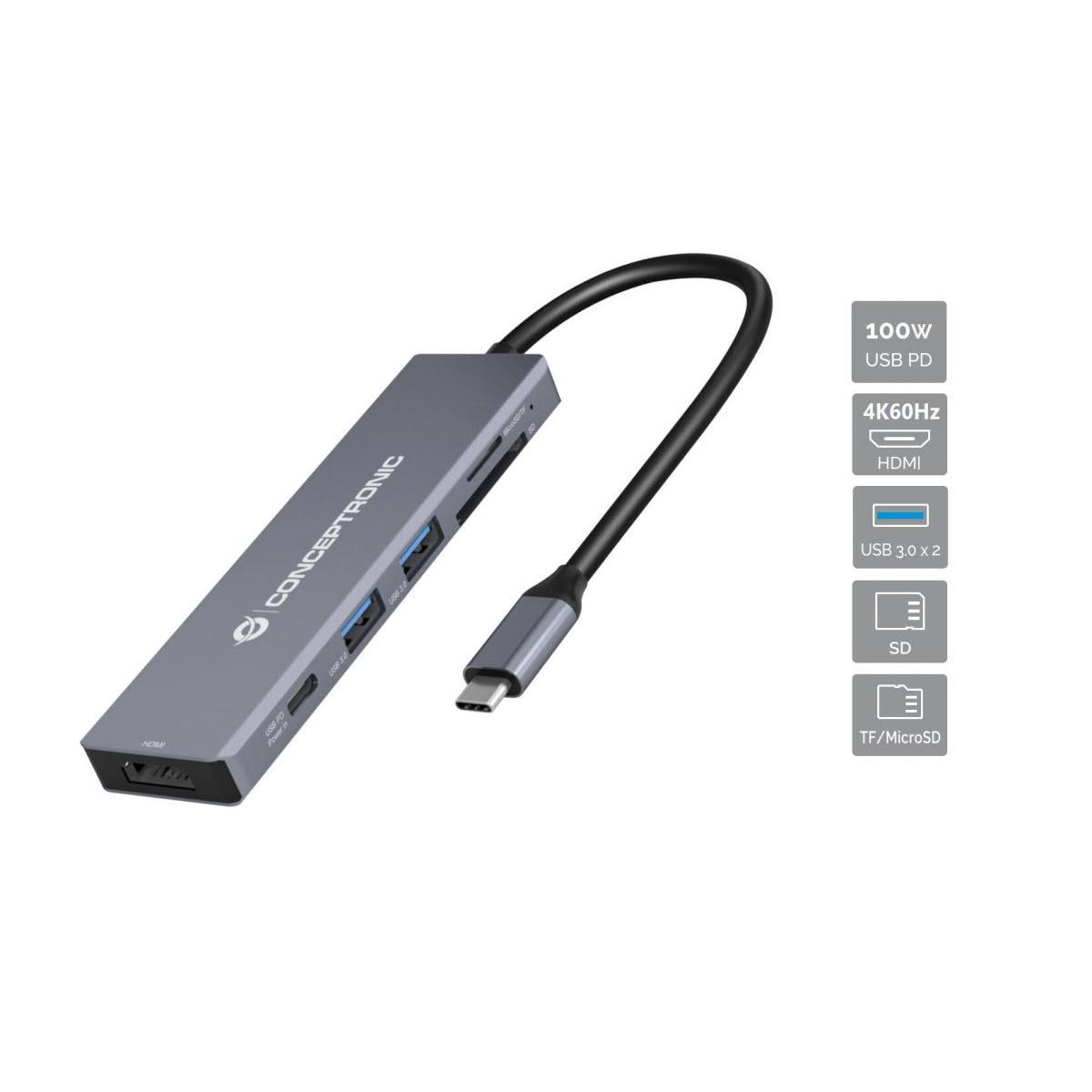 Hub USB-C grigio con porte: HDMI, USB 3.0, SD, TF/MicroSD. Cavo con connettore.