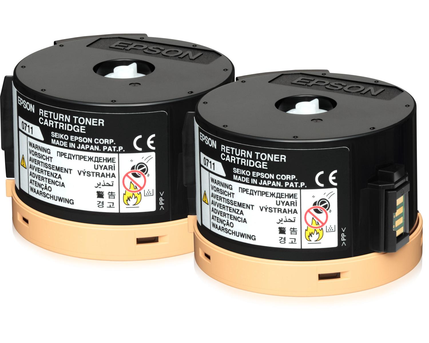 Due cartucce toner Epson nere con base gialla su sfondo bianco.