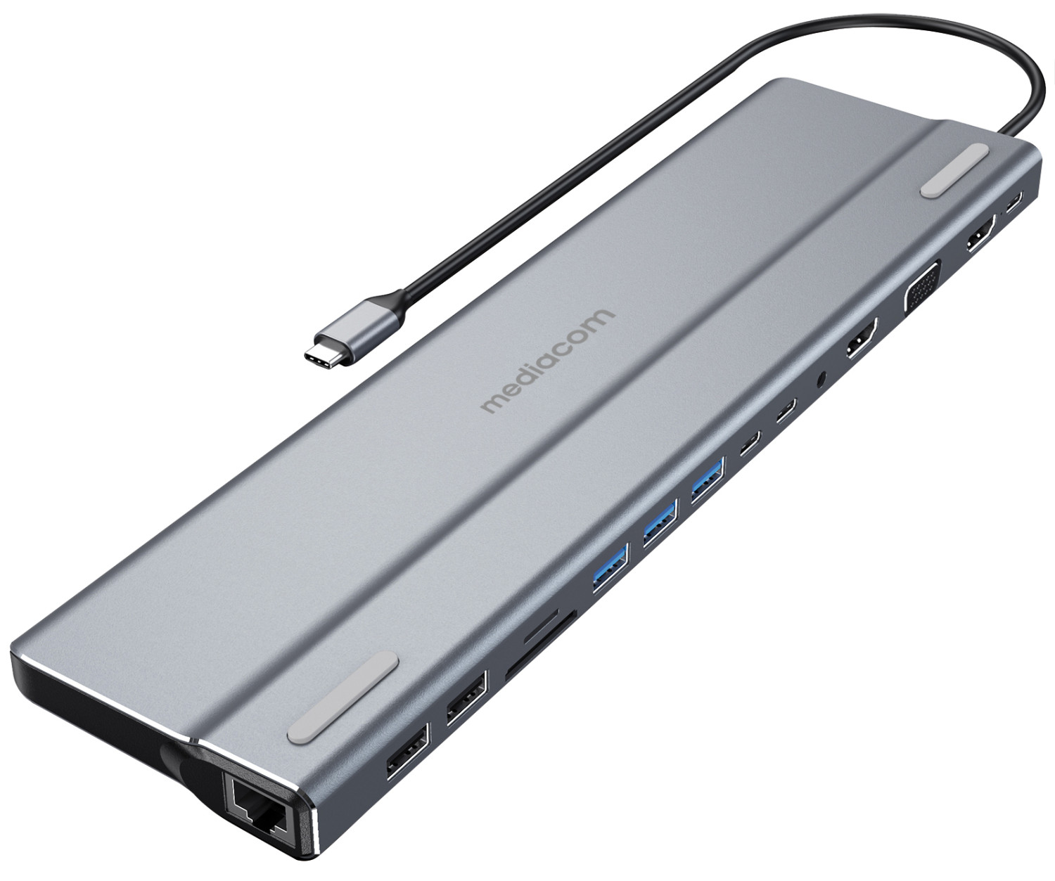 Un hub USB-C grigio con più porte tra cui USB-A, HDMI, VGA ed Ethernet.