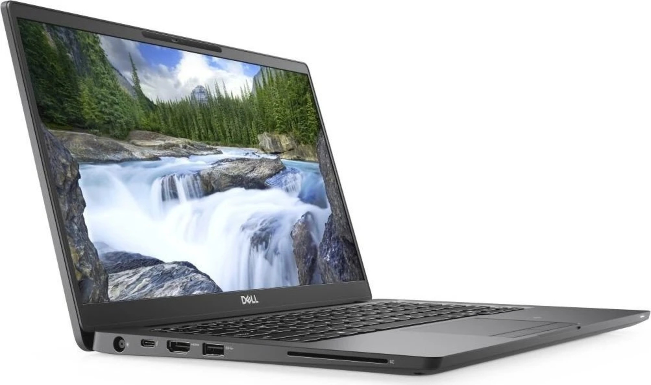 Ein offener Laptop mit einem Bild eines Wasserfalls auf dem Bildschirm.