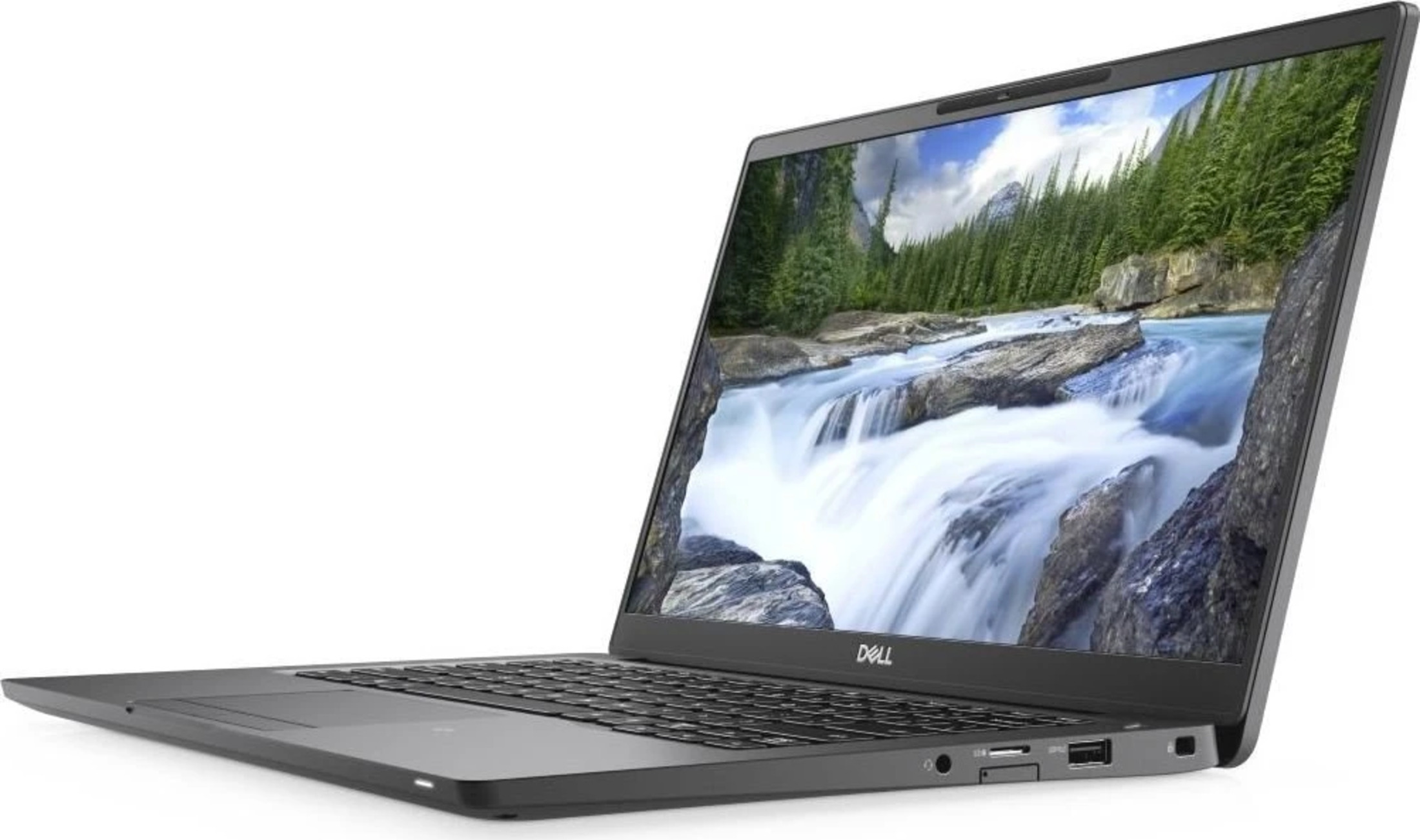 Ein geöffneter grauer Dell Laptop mit einem Wasserfallbild auf dem Bildschirm.