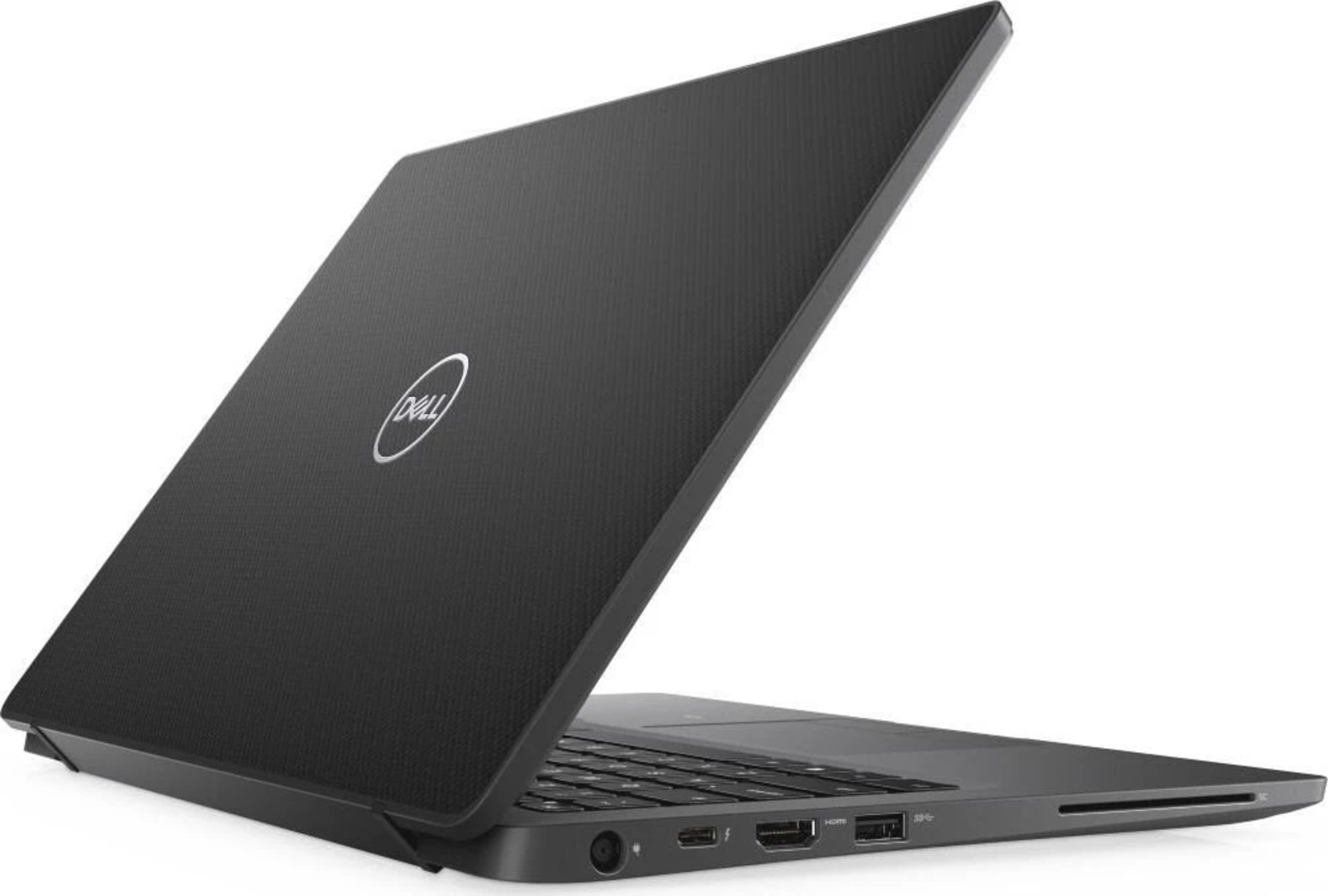 Schwarzer Dell Laptop, Deckel geöffnet, auf weißem Hintergrund.